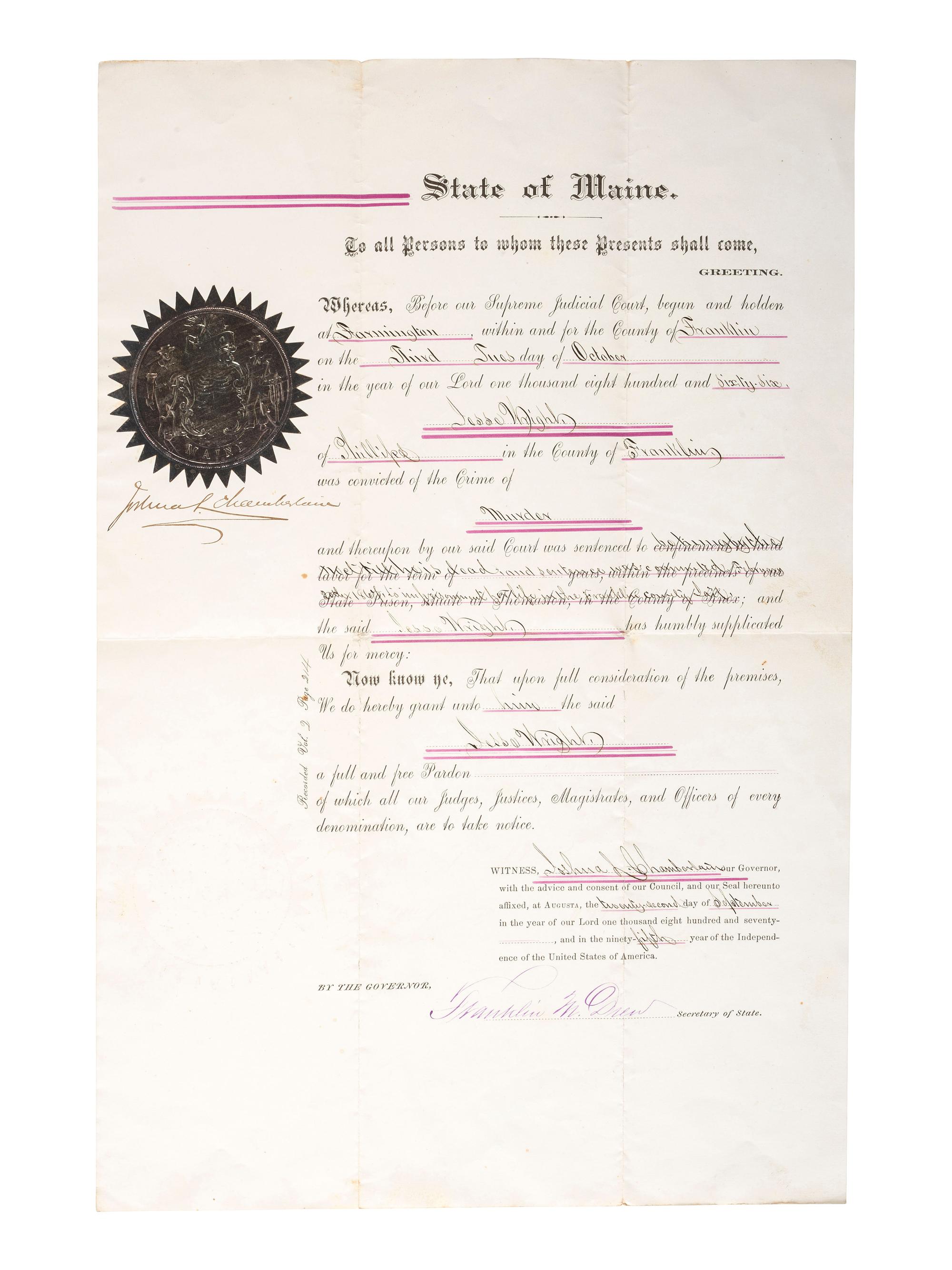 [CIVIL WAR]. CHAMBERLAIN, Joshua L. (1828-1914). Pardon of a murderer signed ("Joshua L. Chamberlain") as Governor of Maine, 22 September 1870.