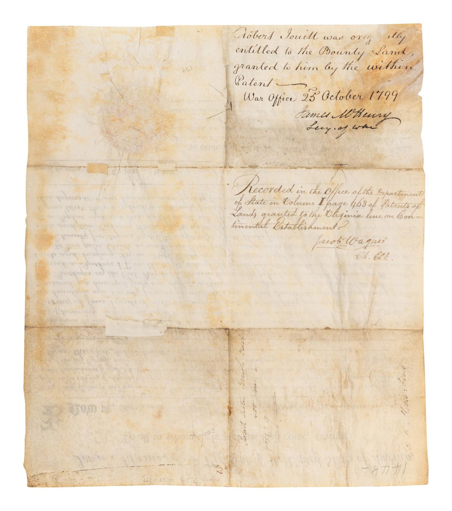 ADAMS, John (1735-1826). Partly printed document signed ("John Adams"), as President, Philadelphia, 28 October 1799, countersigned by Timothy Pickering as Secretary of State.