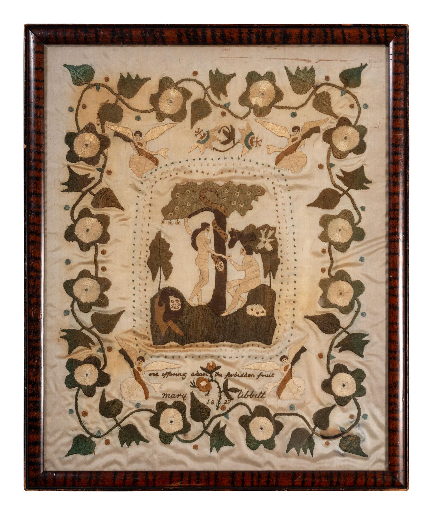 A Silkwork Embroidered Picture of the Temptation of Adam and Eve, Wrought by Mary Tibbitt