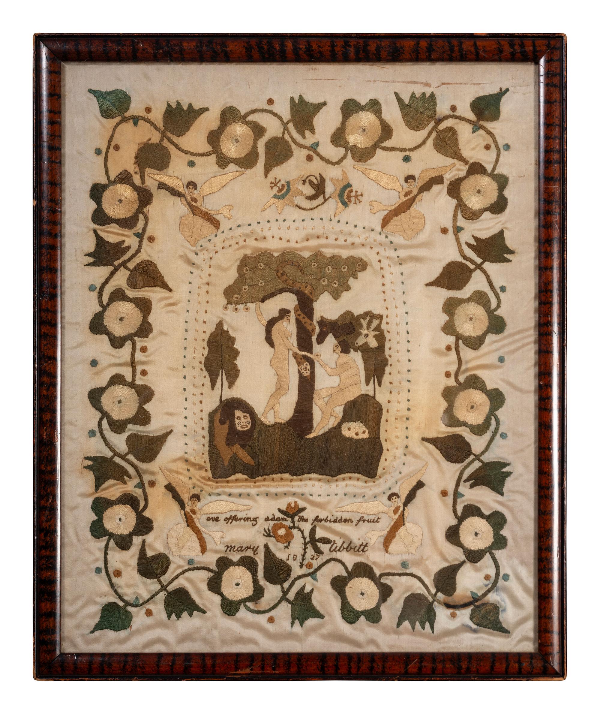 A Silkwork Embroidered Picture of the Temptation of Adam and Eve, Wrought by Mary Tibbitt