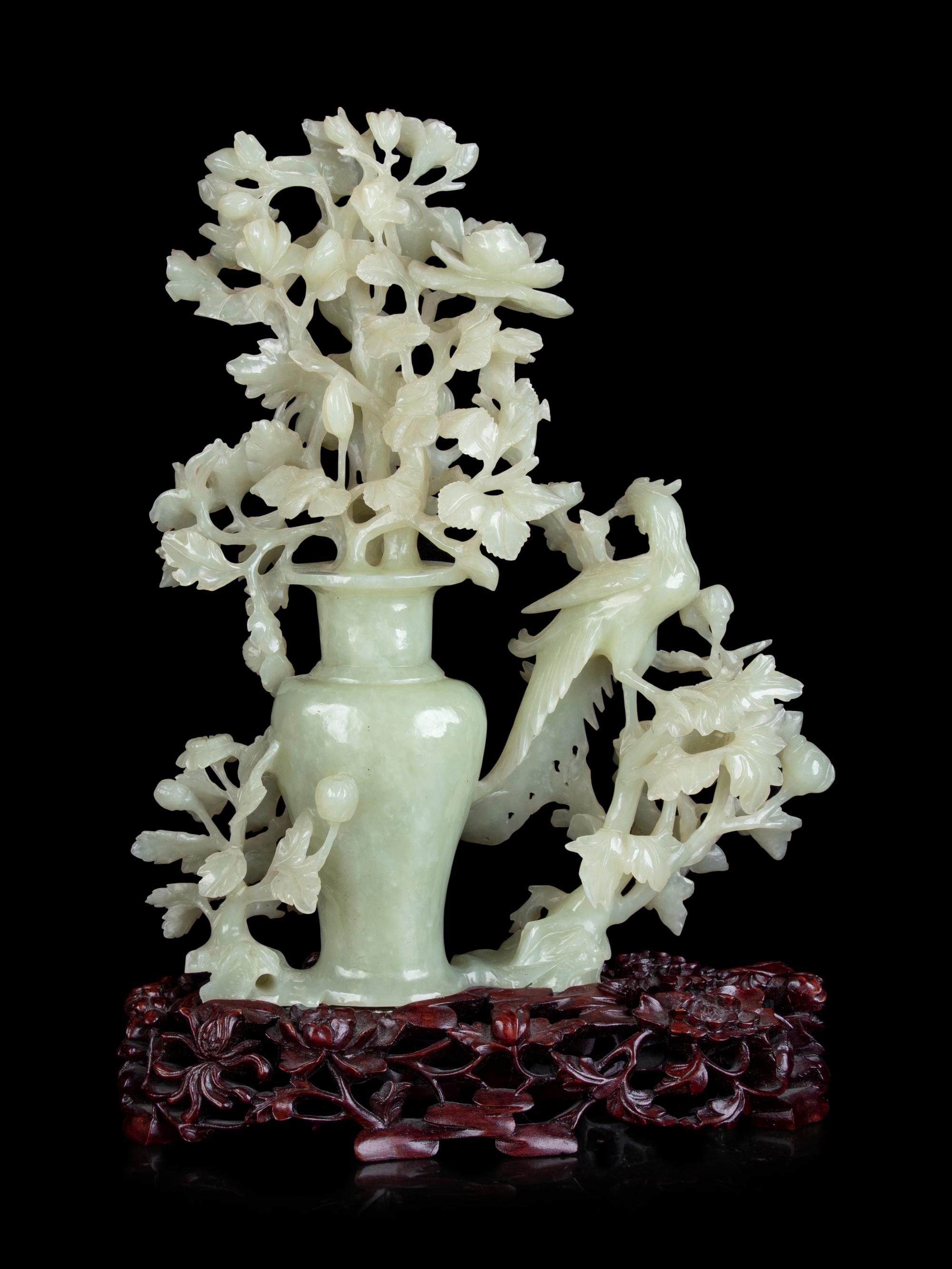 A Chinese Carved Celadon Jade Flower Vase