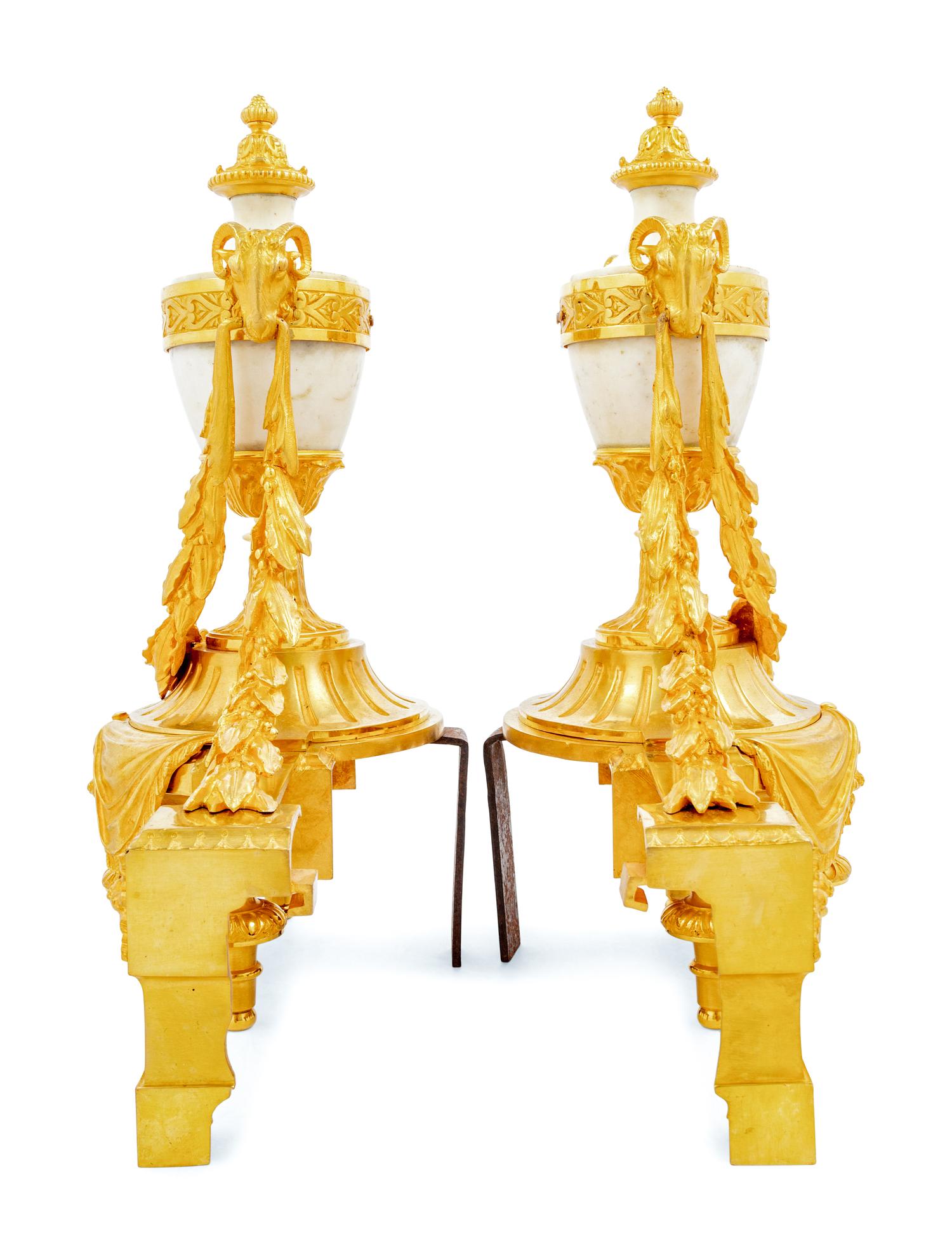 A Pair of French Gilt Bronze and Marble Chenets
