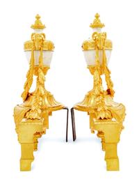 A Pair of French Gilt Bronze and Marble Chenets