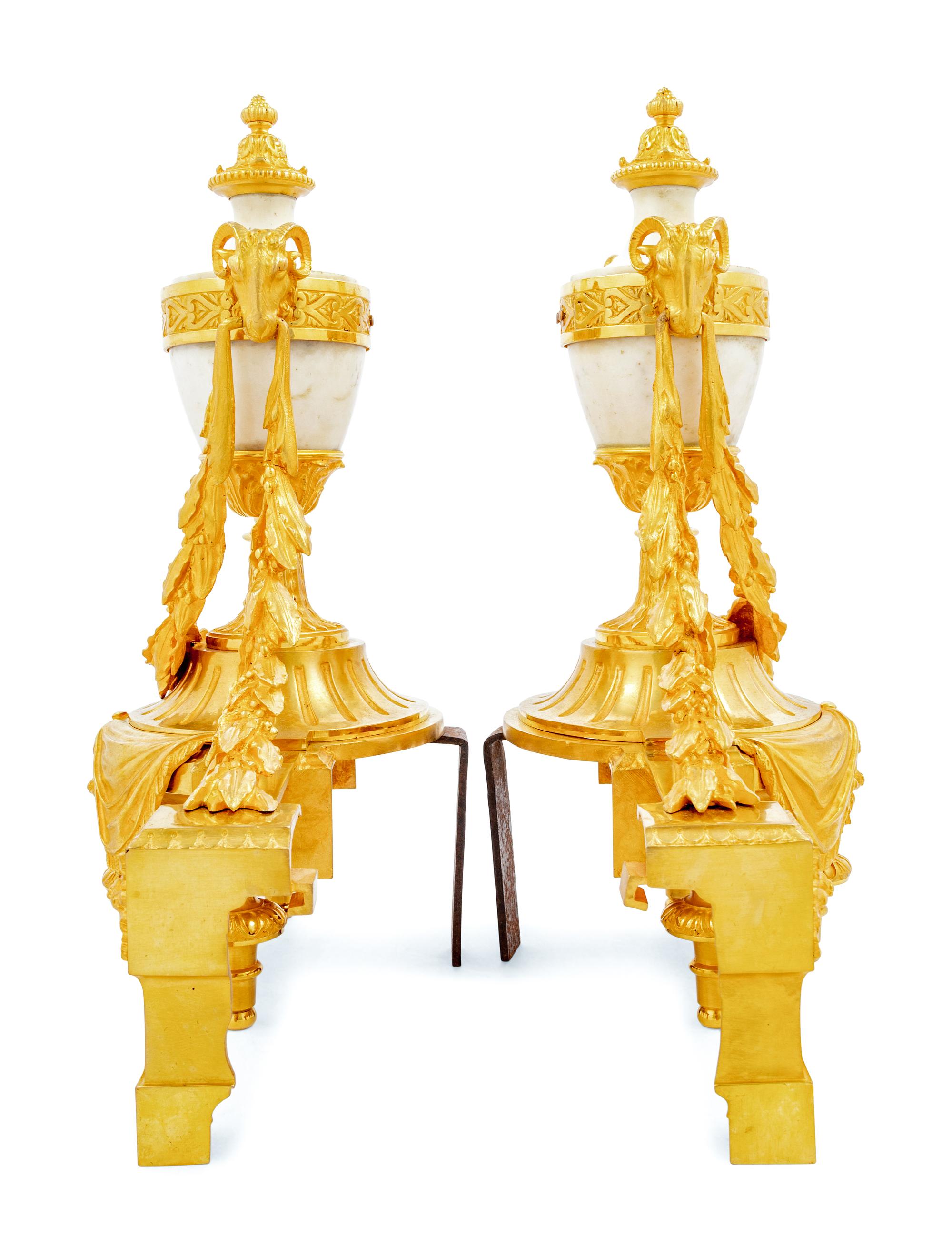 A Pair of French Gilt Bronze and Marble Chenets