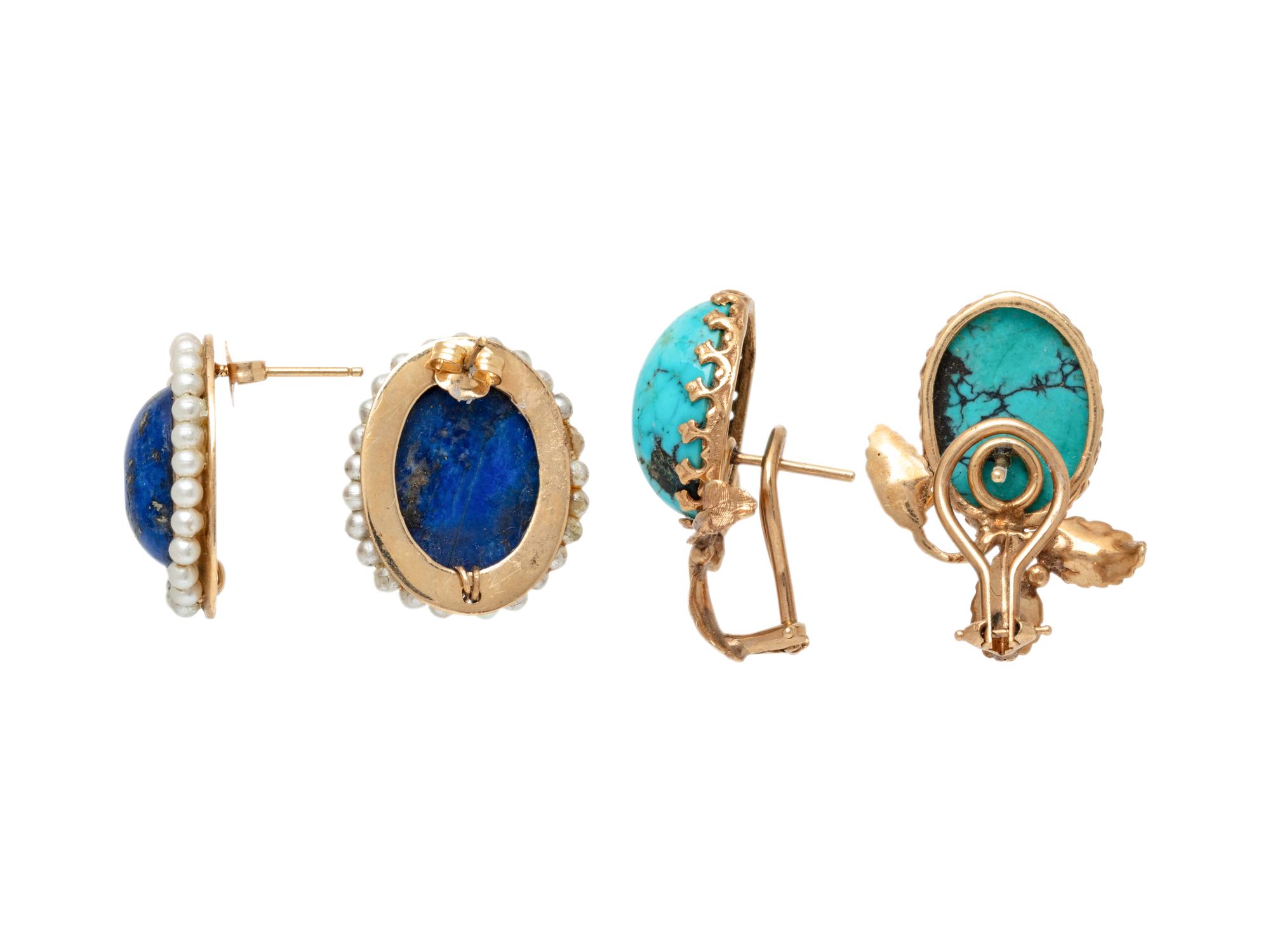 TWO PAIRS OF YELLOW GOLD AND HARDSTONE EARRINGS