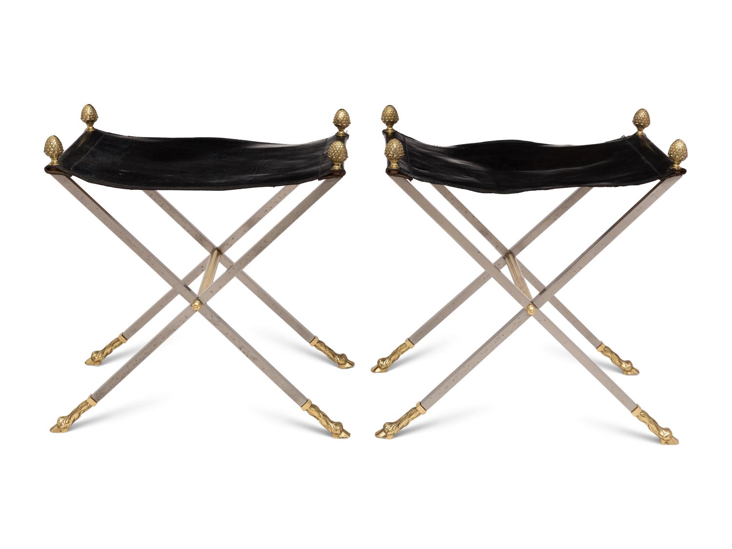 A Pair of Steel and Leather Campaign Stools