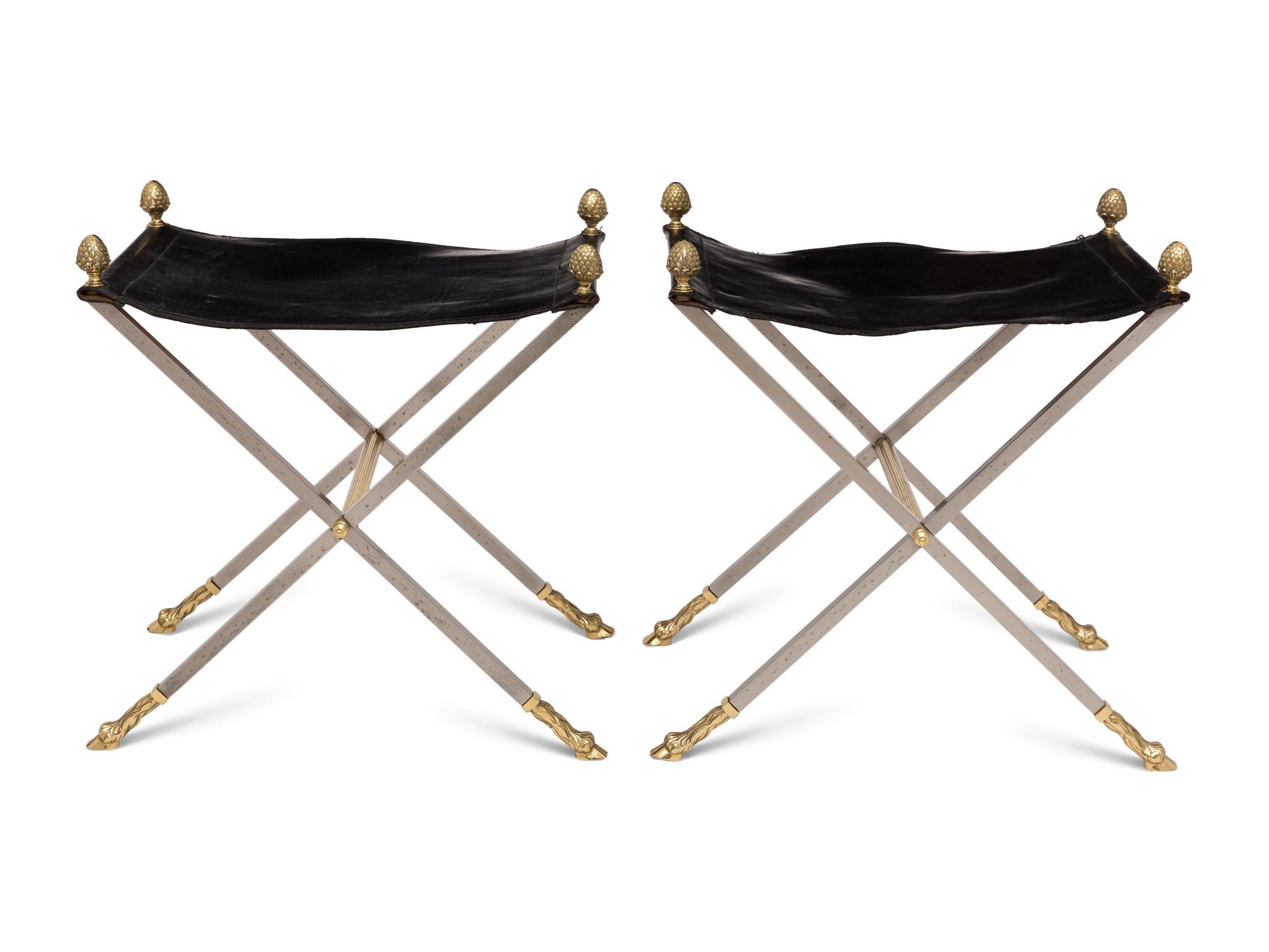 A Pair of Steel and Leather Campaign Stools