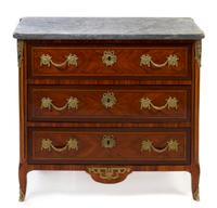 A Louis XVI Gilt Bronze Mounted Parquetry Commode, Height 33 3/4 x width 37 5/8 x depth 19 7/8 inches.
