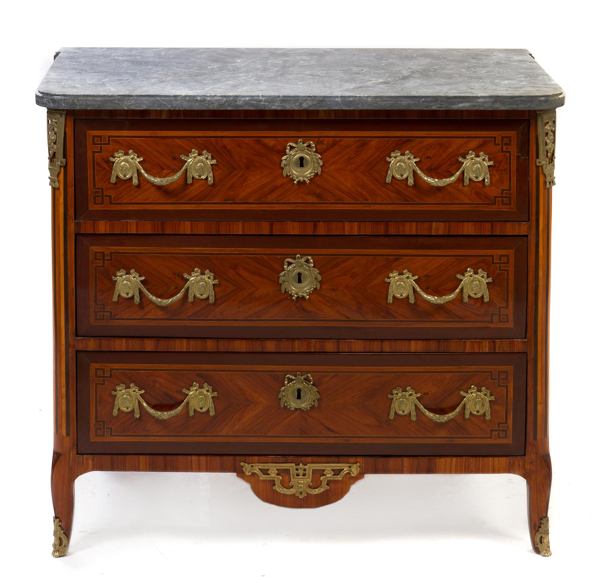 A Louis XVI Gilt Bronze Mounted Parquetry Commode, Height 33 3/4 x width 37 5/8 x depth 19 7/8 inches.
