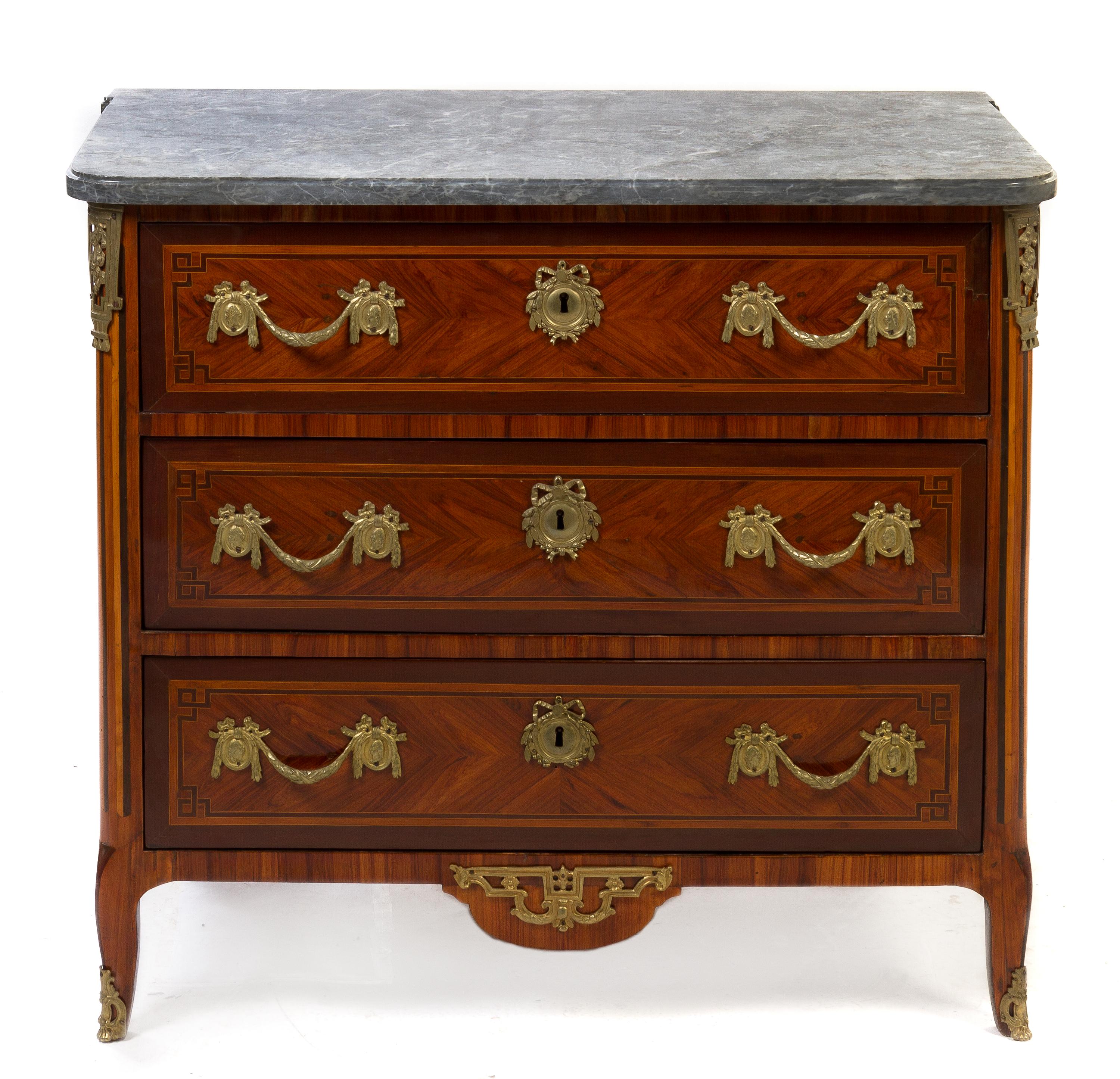 A Louis XVI Gilt Bronze Mounted Parquetry Commode, Height 33 3/4 x width 37 5/8 x depth 19 7/8 inches.