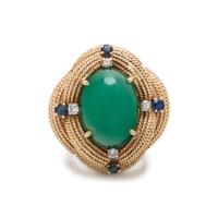 YELLOW GOLD, GREEN AGATE, SAPPHIRE AND DIAMOND RING