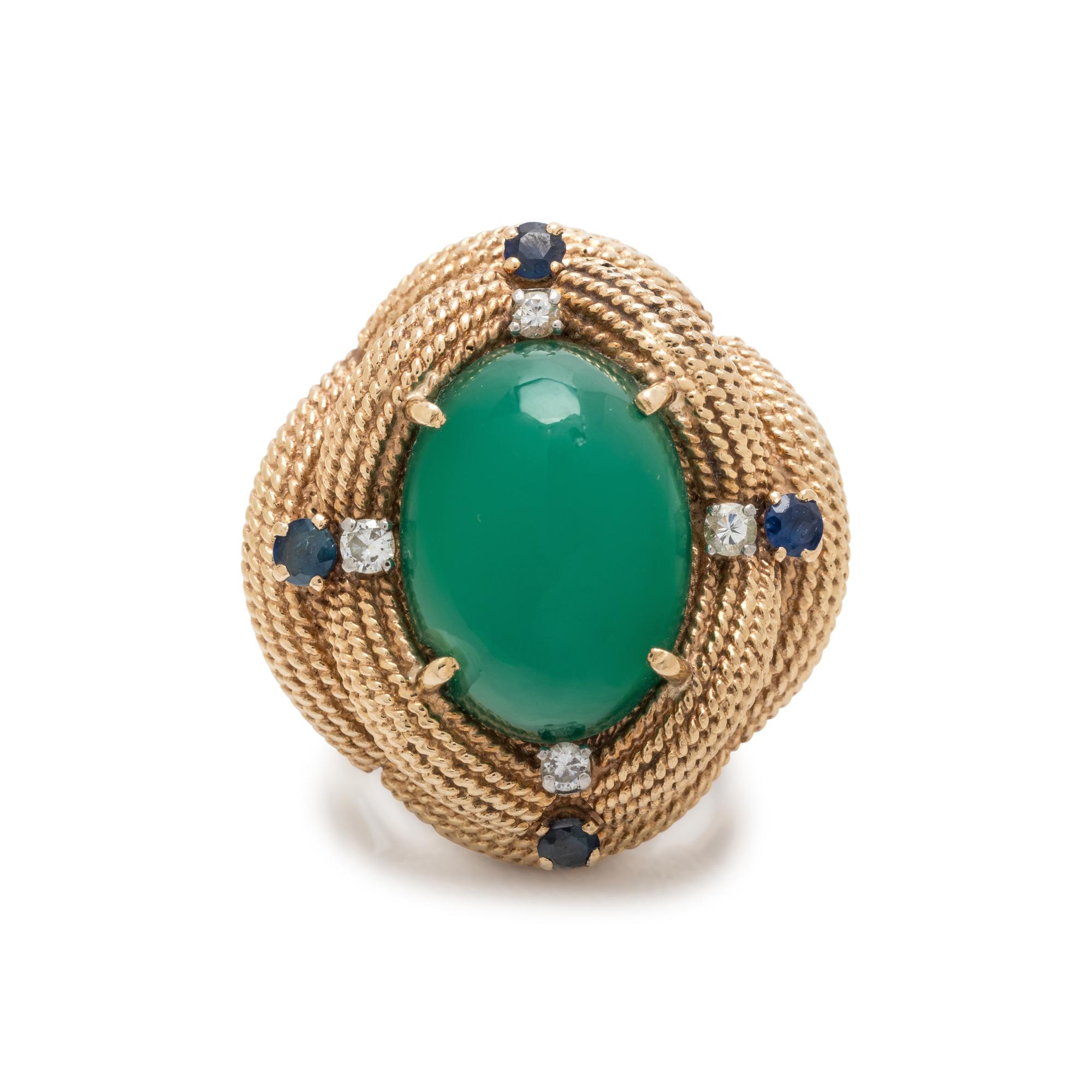 YELLOW GOLD, GREEN AGATE, SAPPHIRE AND DIAMOND RING