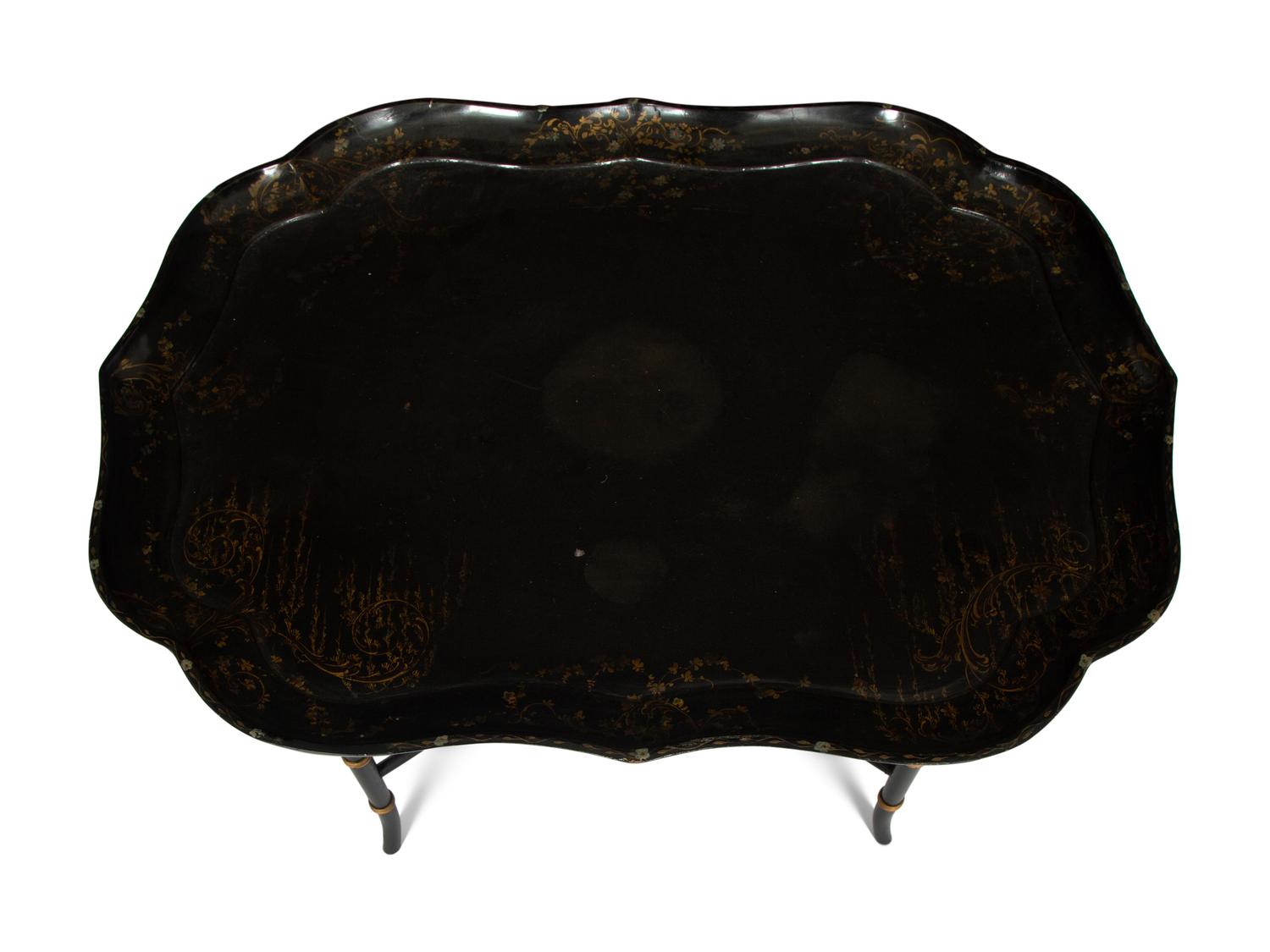 An Early Victorian Black Lacquered Papier Mache Tray on Stand