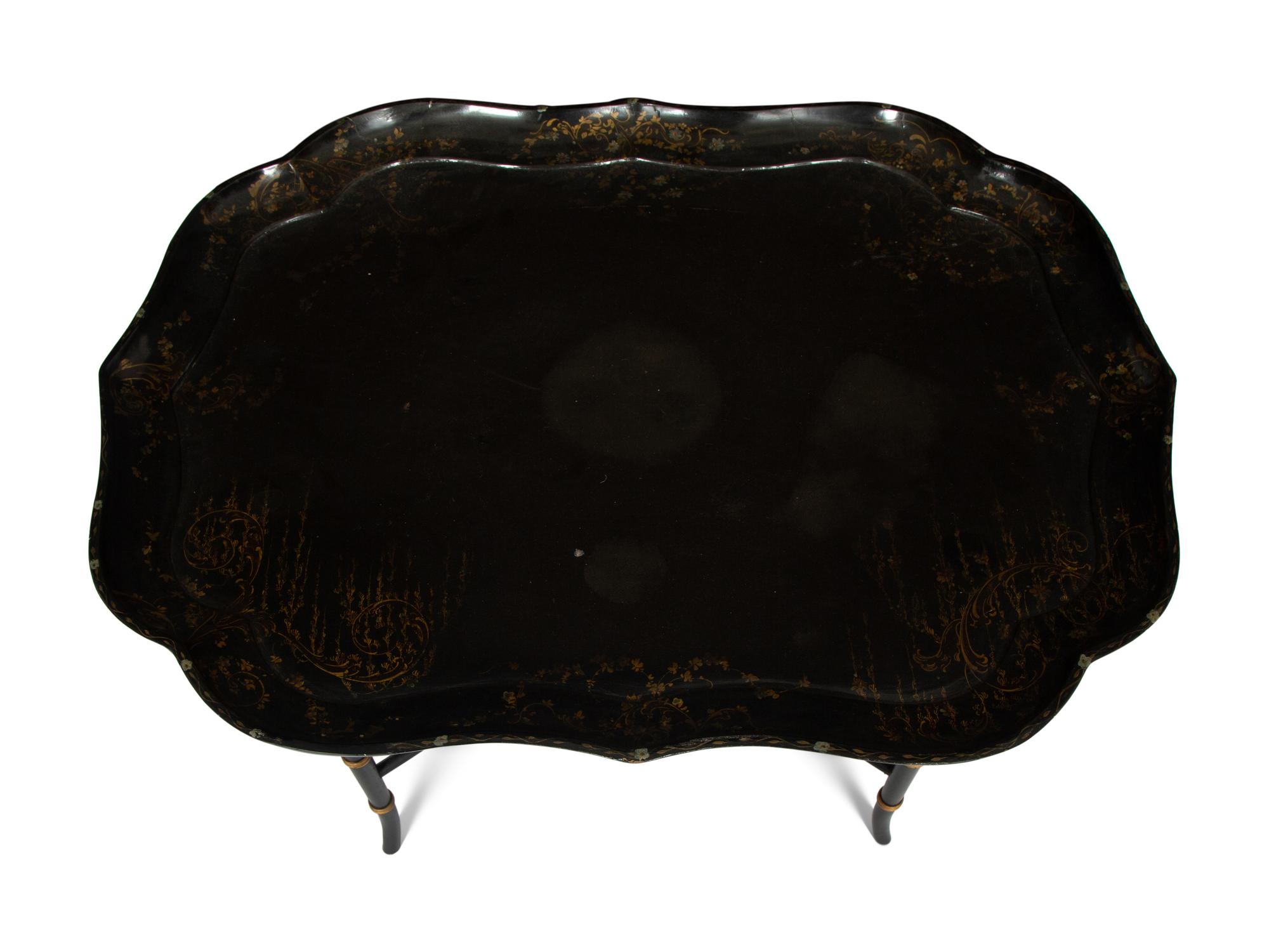 An Early Victorian Black Lacquered Papier Mache Tray on Stand