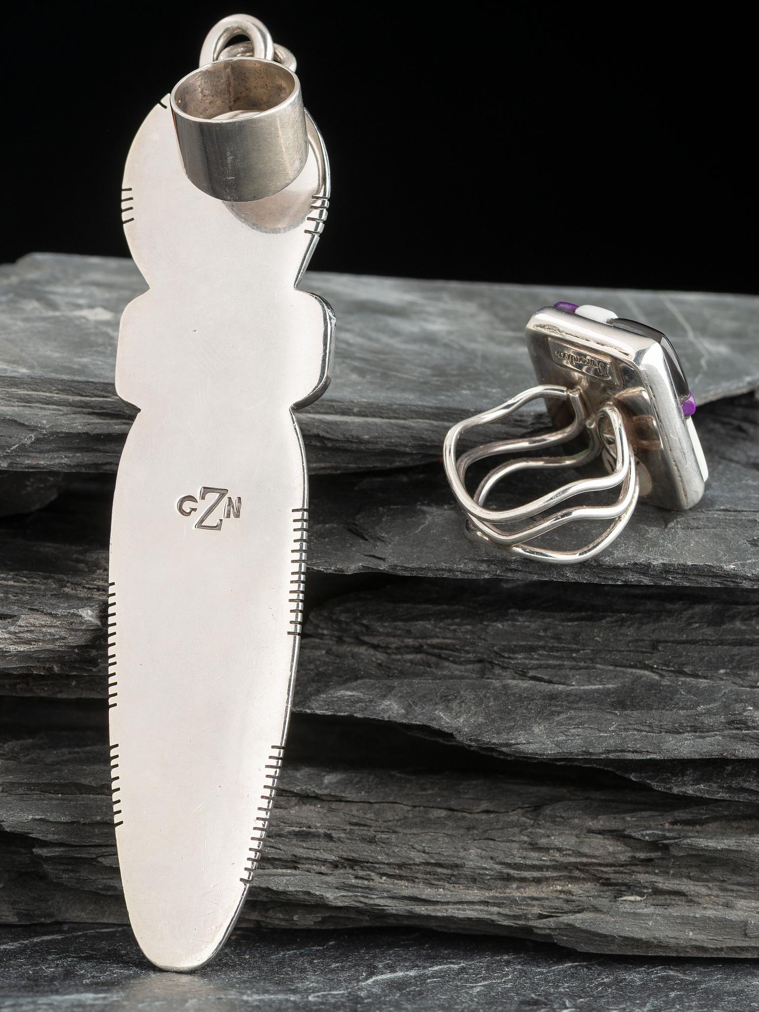Large Silver Figural Pendant AND Mosaic Inlay Ring