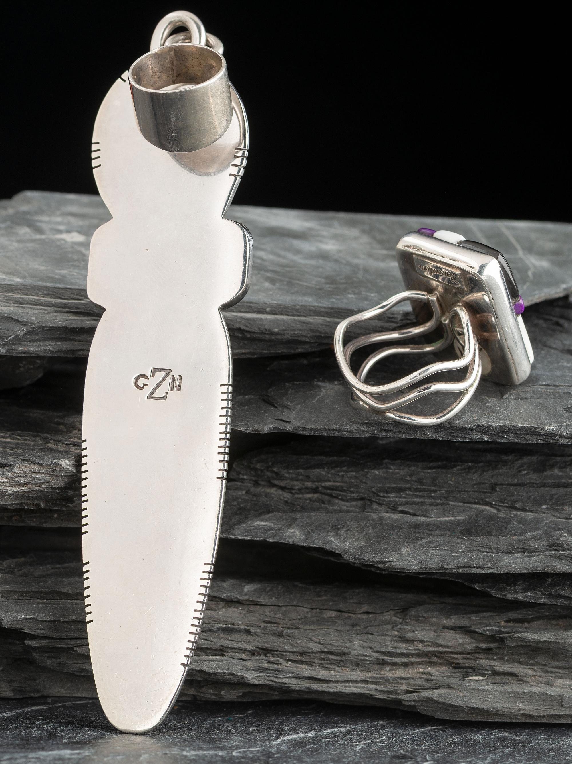 Large Silver Figural Pendant AND Mosaic Inlay Ring