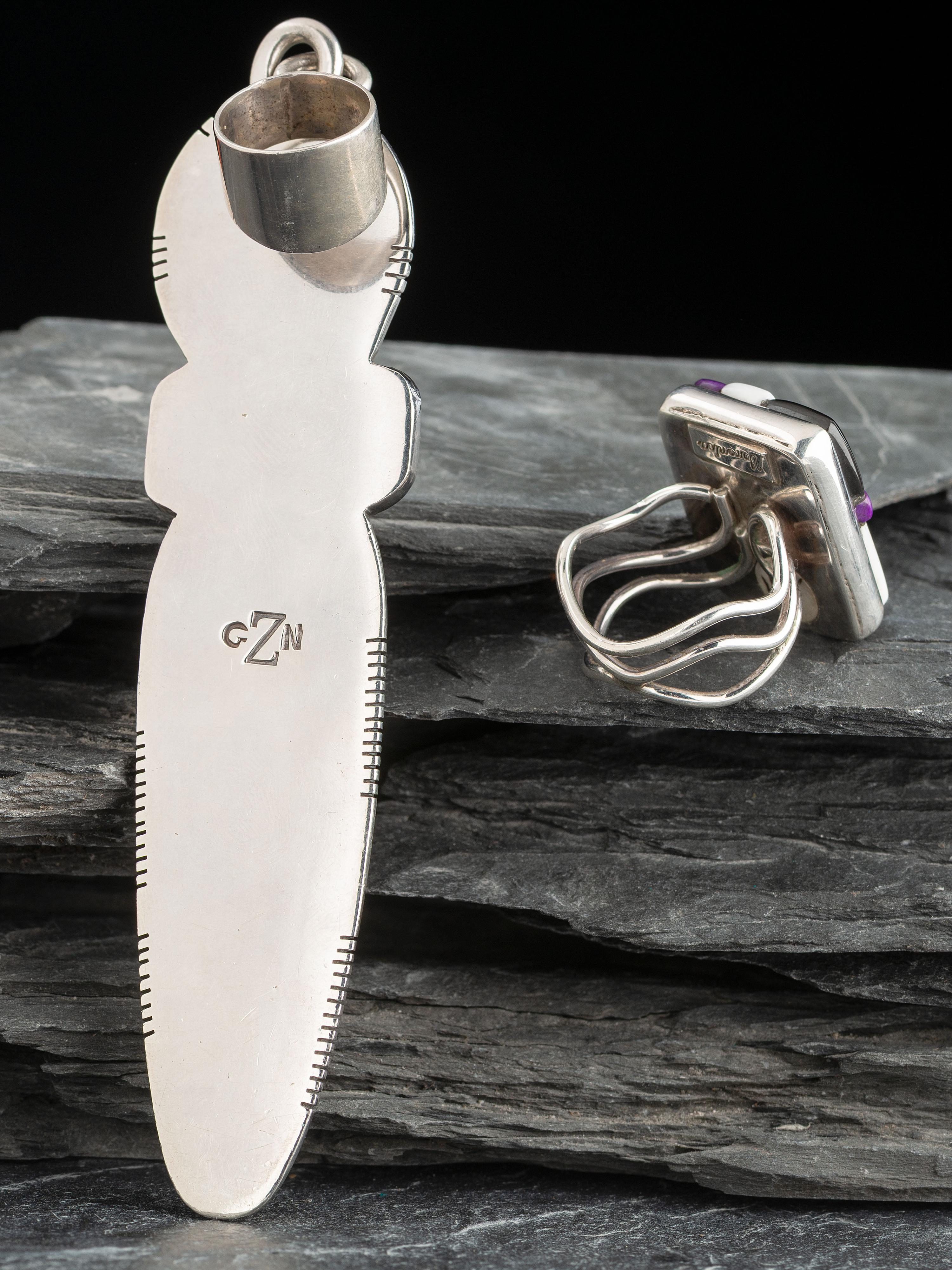Large Silver Figural Pendant AND Mosaic Inlay Ring