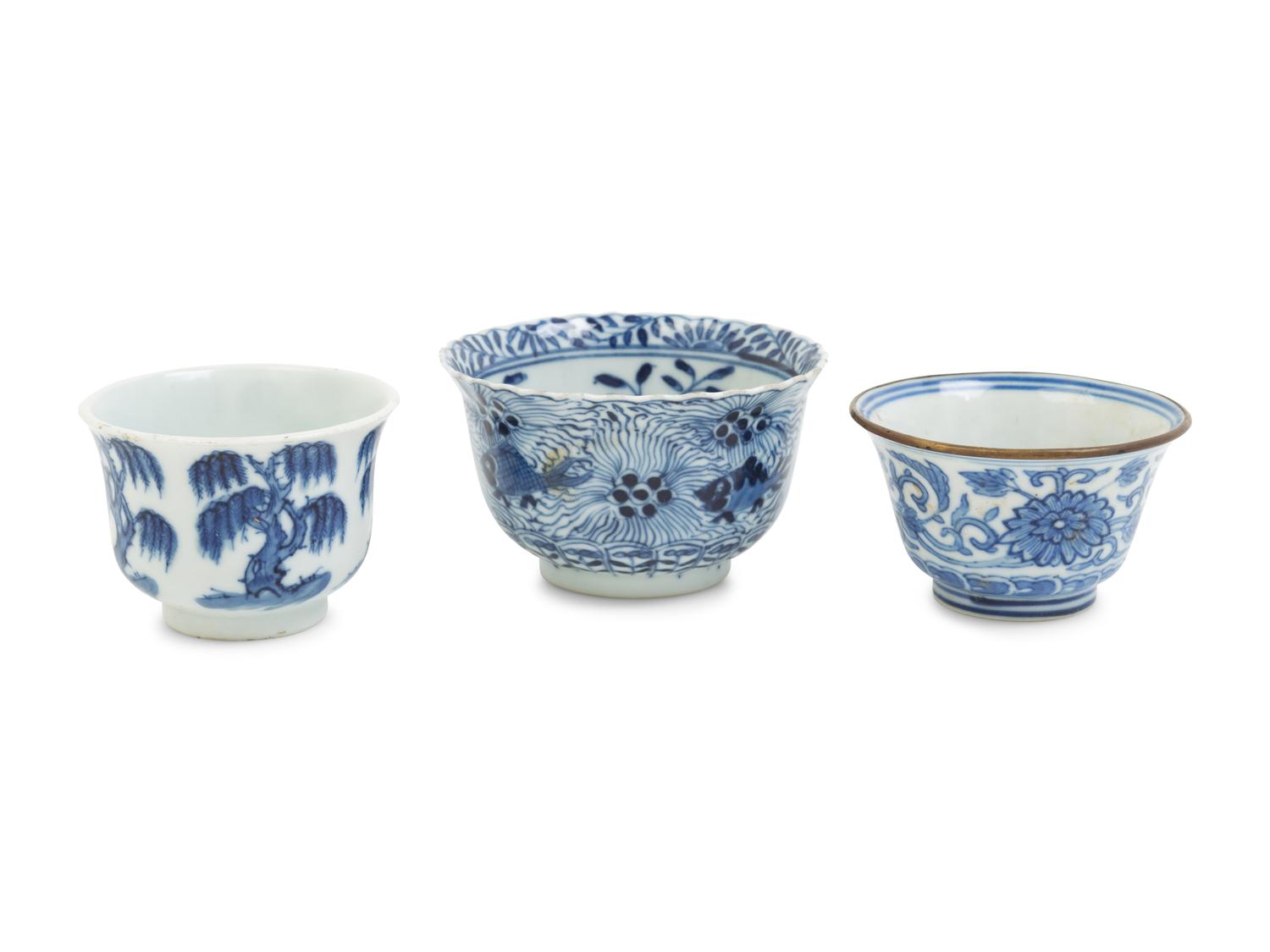 Three Chinese Blue and White Porcelain Wine Cups