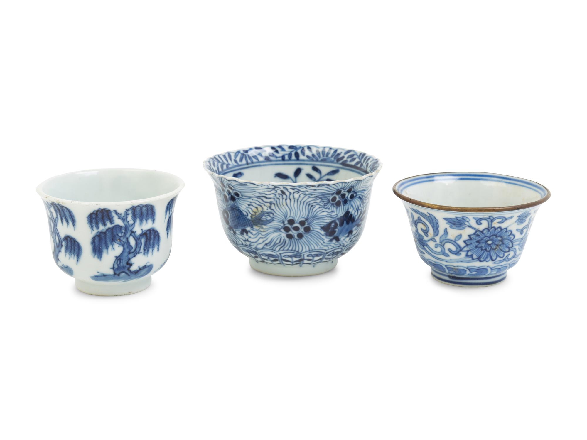 Three Chinese Blue and White Porcelain Wine Cups