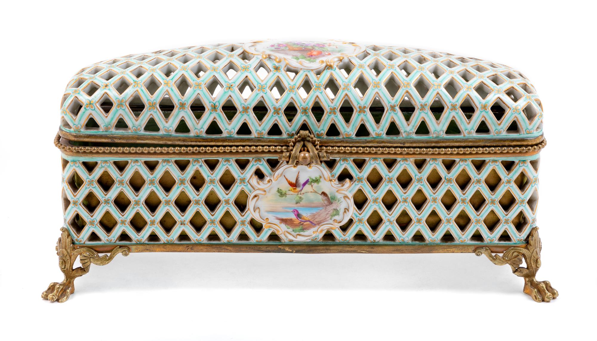 A French Gilt Metal Mounted Porcelain Box Height 7 1/2 x width 15 1/2 x depth 5 1/4 inches. — 19TH CENTURY