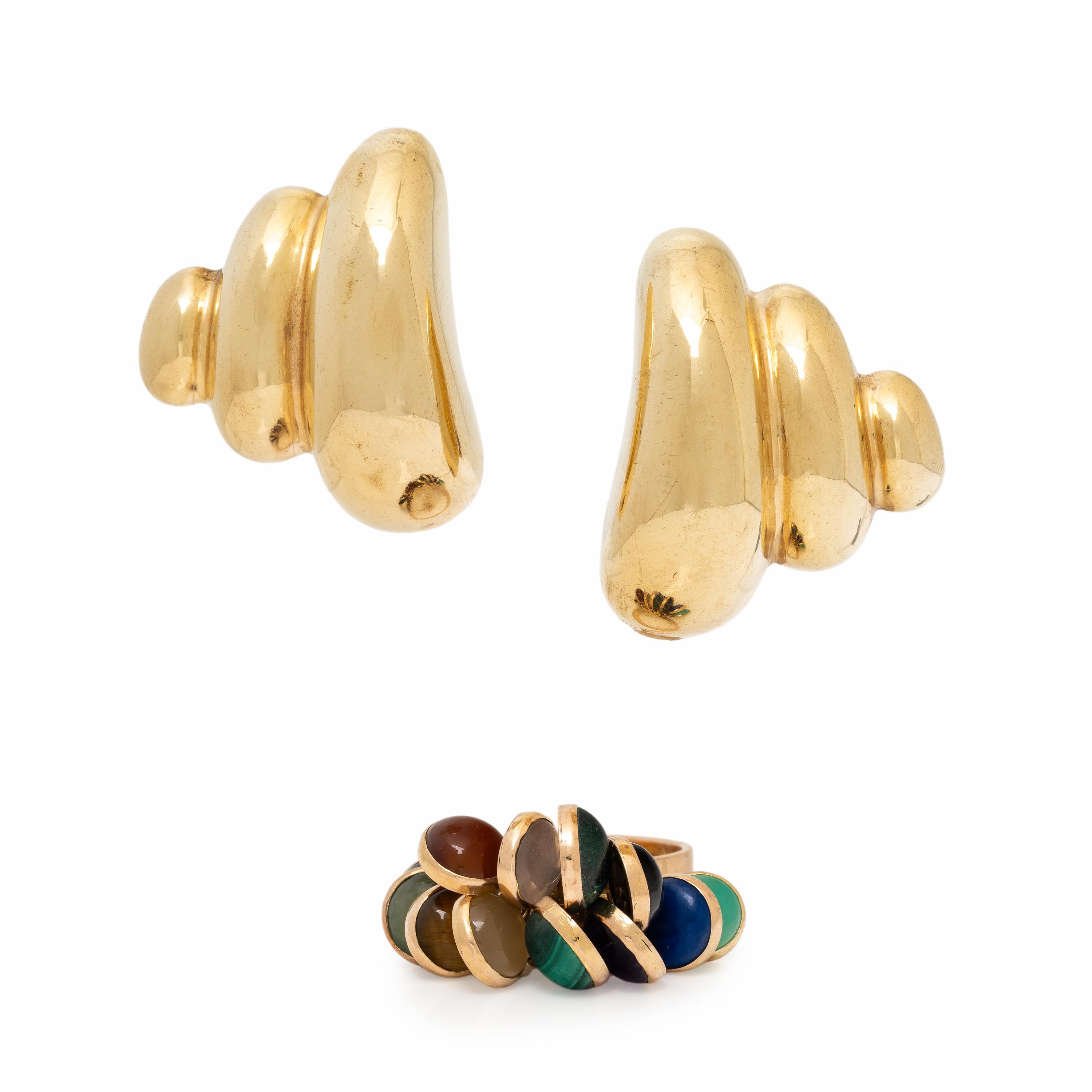 Multigem Ring and Yellow Gold Earrings