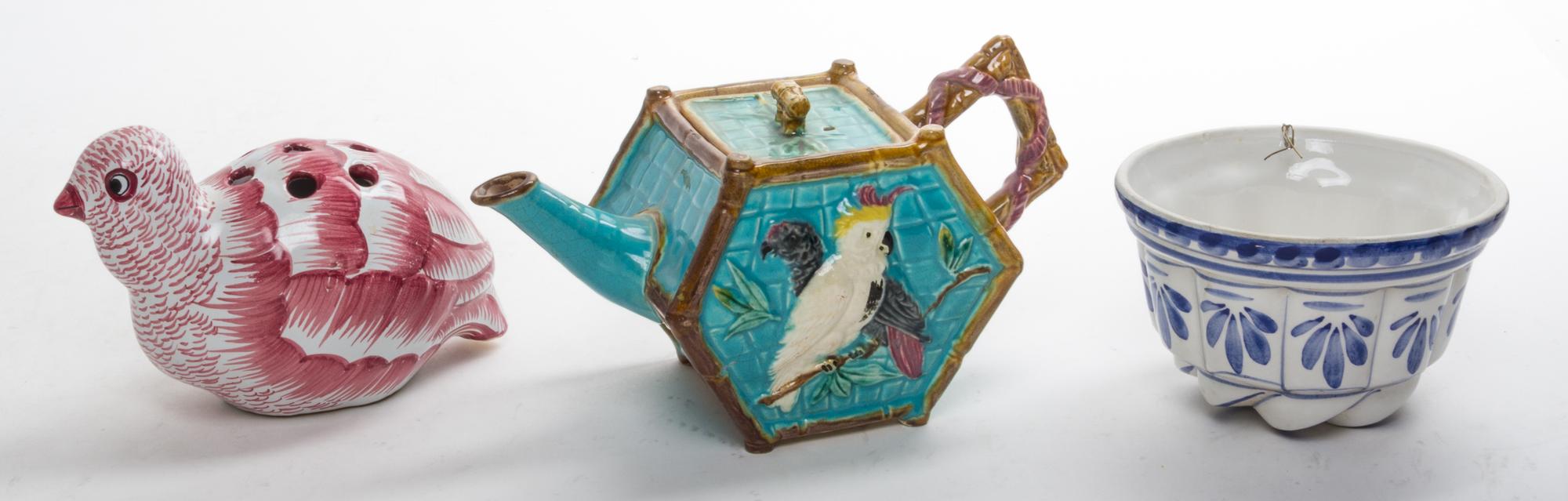 Three Continental Ceramic Articles Width of teapot 8 1/2 inches.