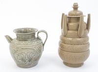 Two Celadon Glazed Pottery Articles Height of tallest 10 1/2 inches.
