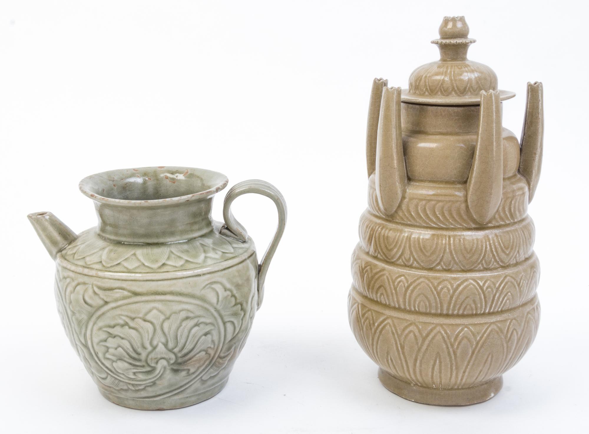 Two Celadon Glazed Pottery Articles Height of tallest 10 1/2 inches.