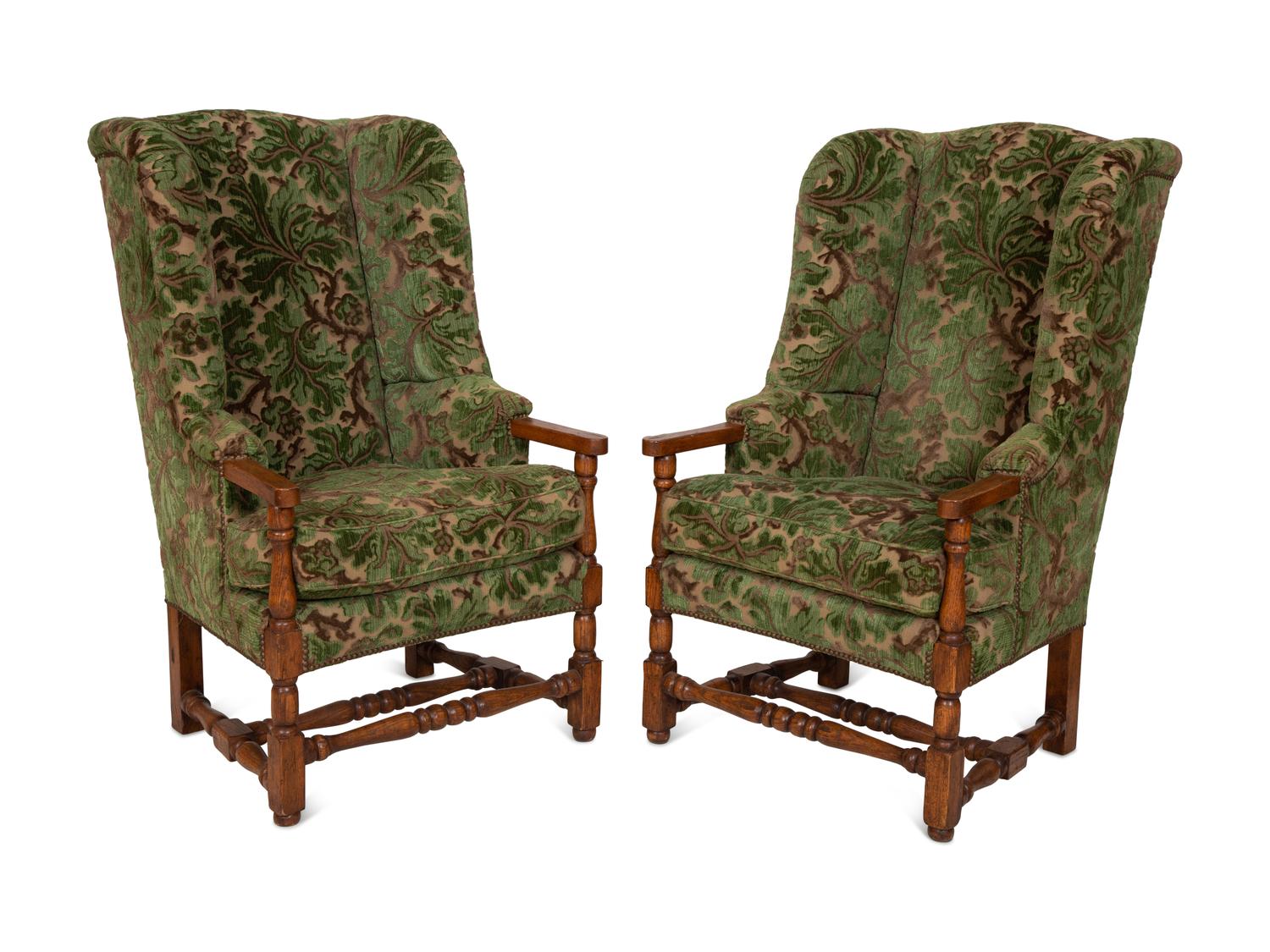 A Pair of English Oak Wingback Armchairs with Custom Velvet Upholstery