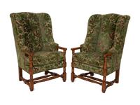 A Pair of English Oak Wingback Armchairs with Custom Velvet Upholstery