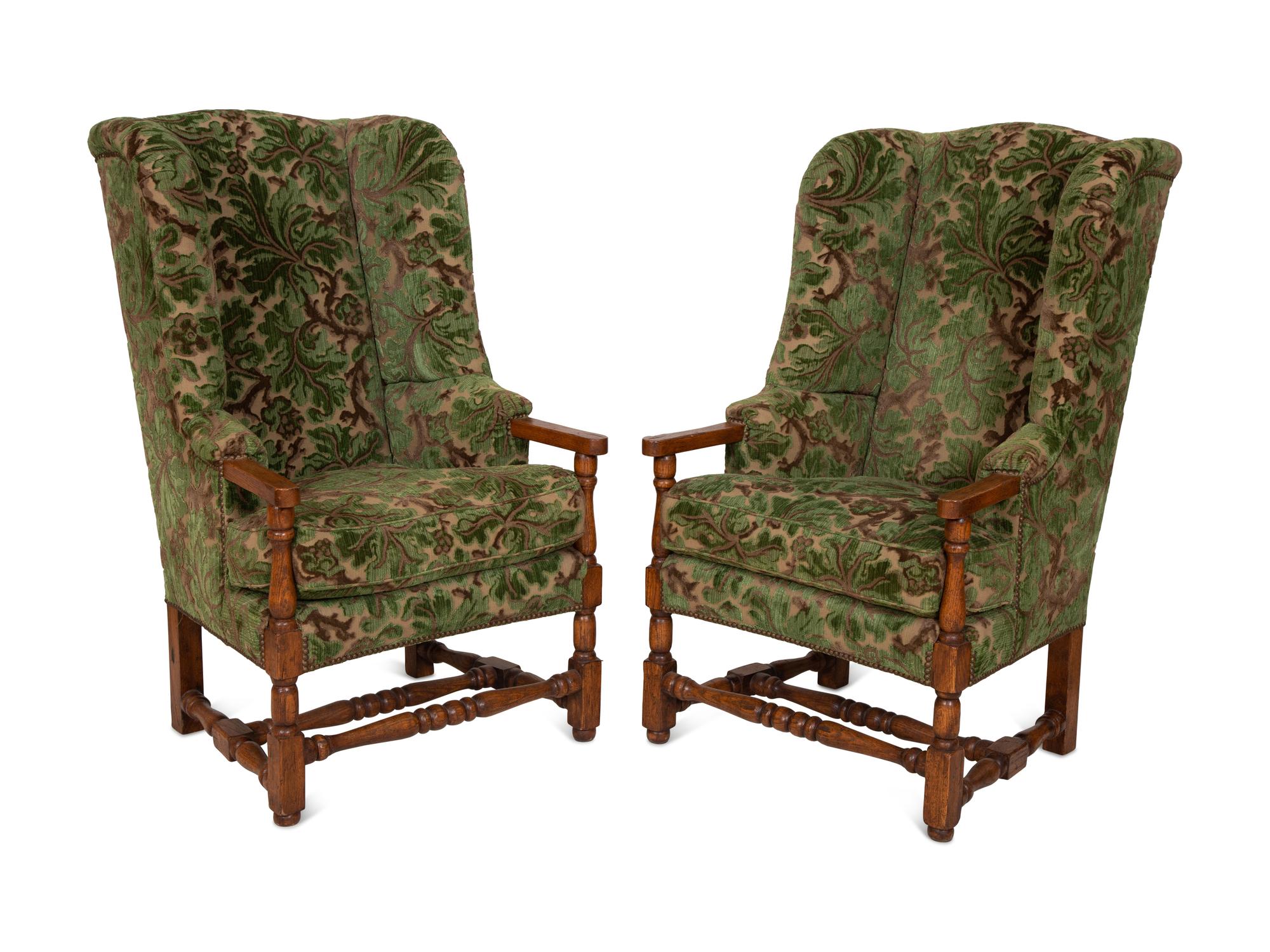 A Pair of English Oak Wingback Armchairs with Custom Velvet Upholstery