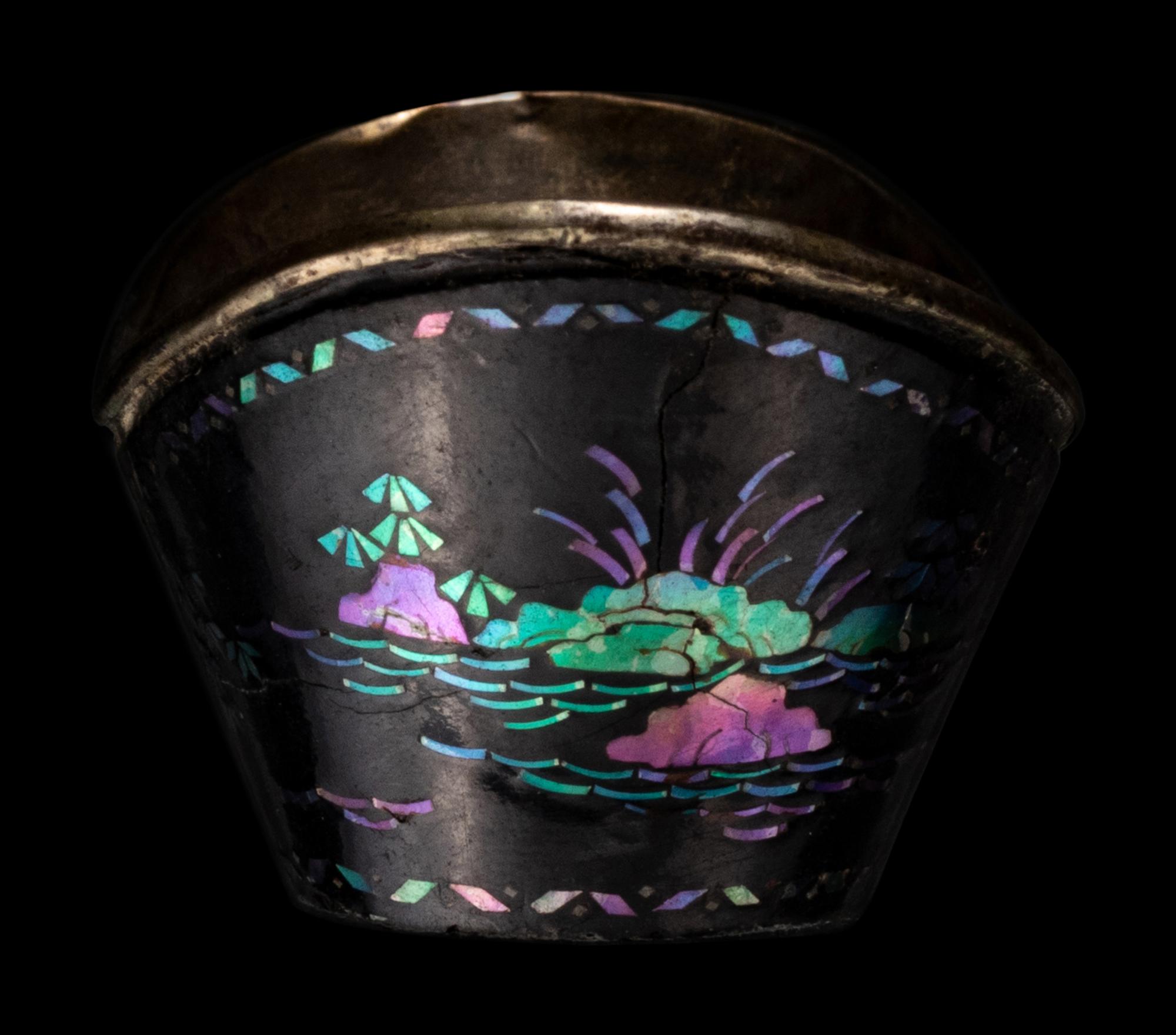 A Set of Six Mother-of-Pearl Inlaid Black Lacquer Ingot-Form Cups