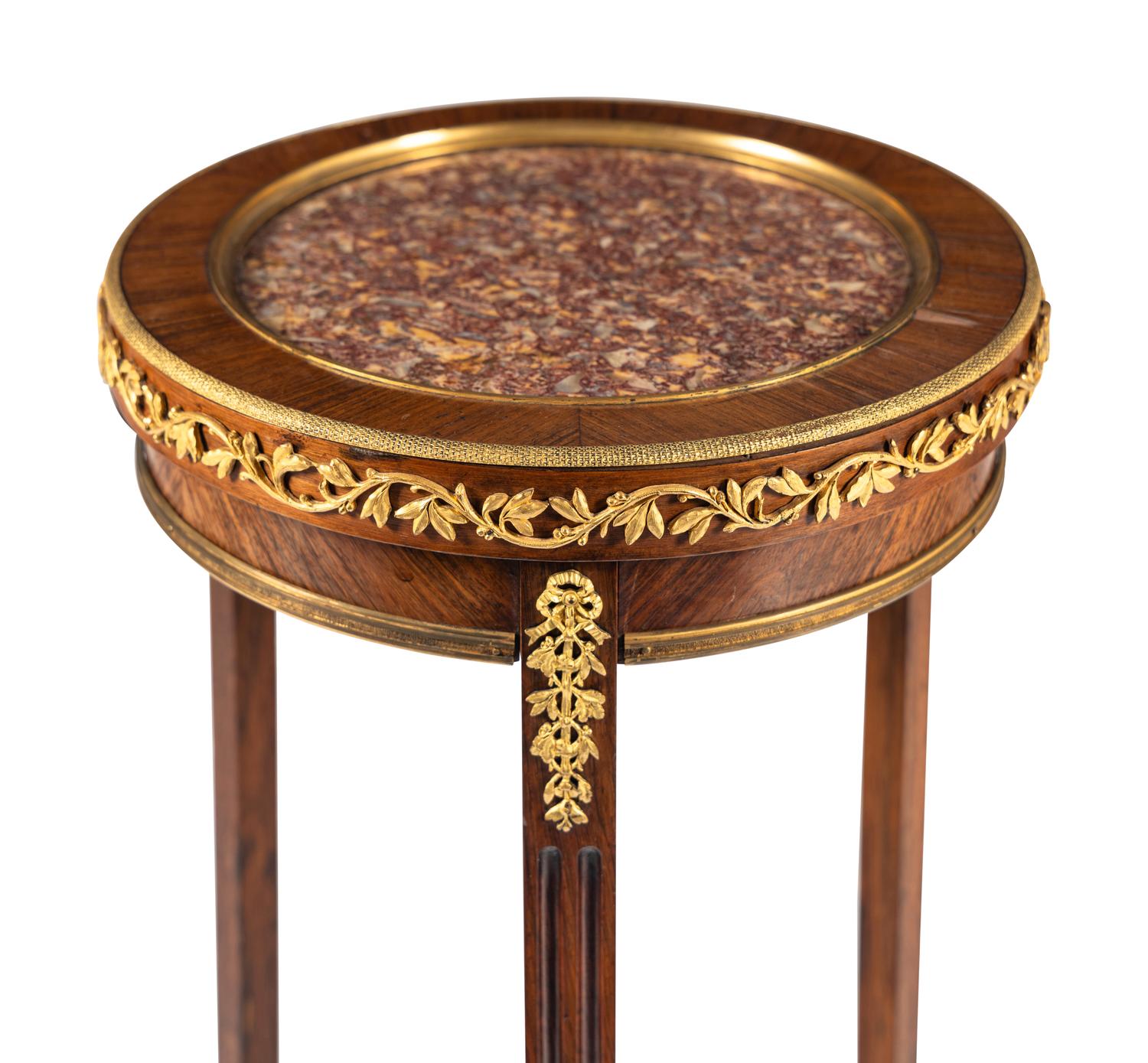 A Louis XVI Style Gilt Bronze Mounted Mahogany Marble-Top Side Table