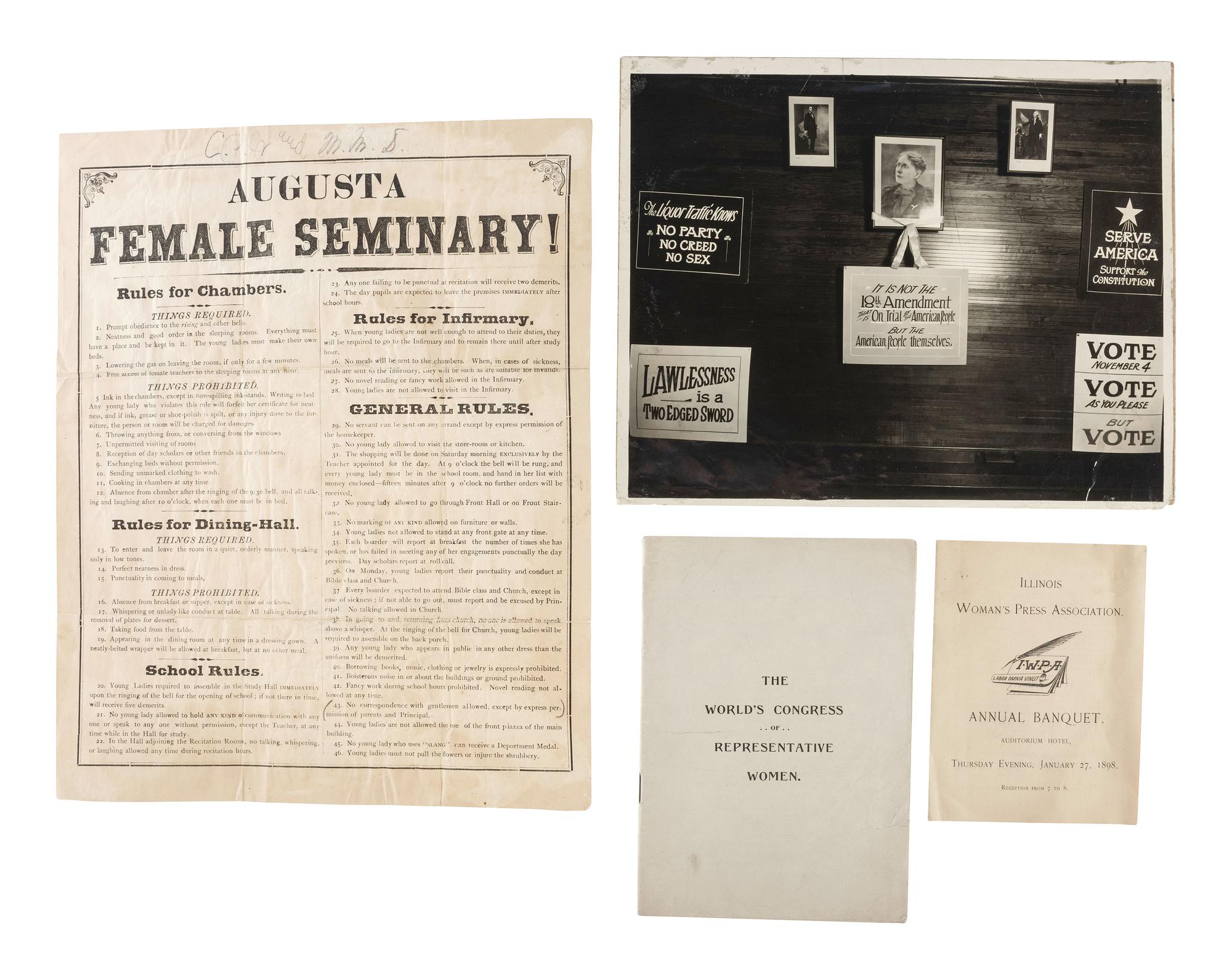 [WOMEN]. A group of pamphlets, handbills, and other ephemera related to women's suffrage, temperance, and educational movements, comprising: