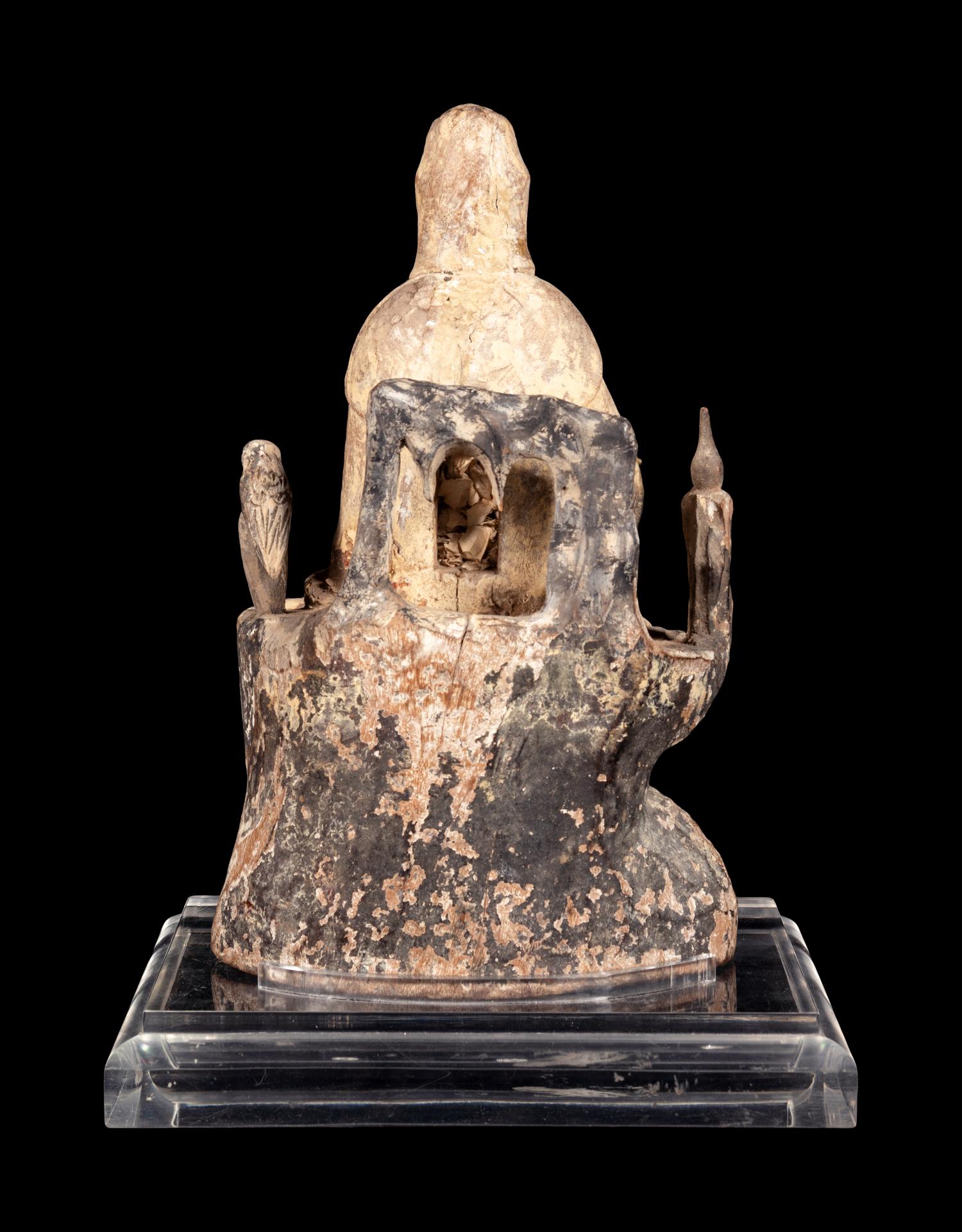 A Chinese Polychrome Painted Wood Carving of Guanyin
