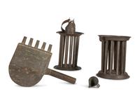 Two Tin Twelve-Hole Candle Molds, a Tin Five-Tube Wax Pourer and a Tin Candle Snuffer