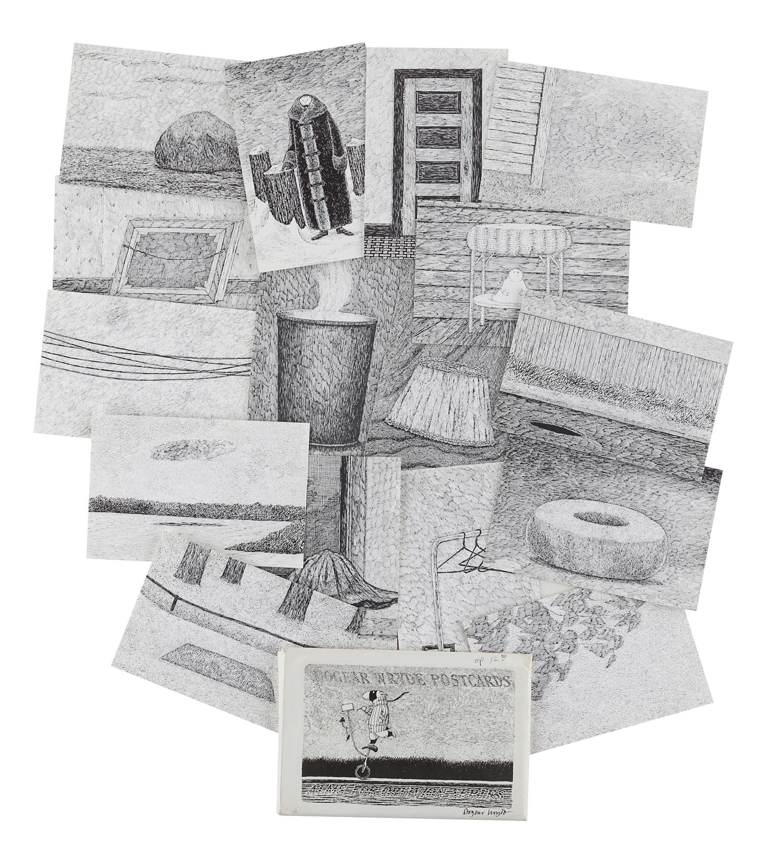 GOREY, Edward (1925-2000). Dogear Wryde Postcards. Alms for Oblivion Series . N.p., 1978. -- Dogear Wryde Postcards. Interpretive Series. N.p., 1979.