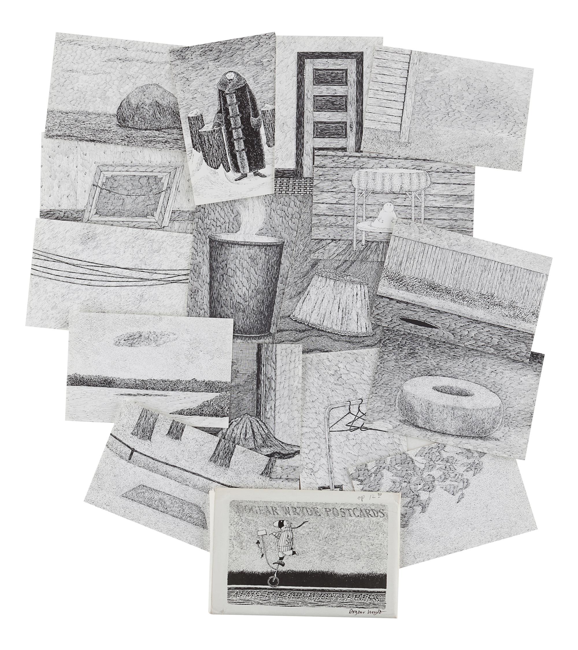 GOREY, Edward (1925-2000). Dogear Wryde Postcards. Alms for Oblivion Series . N.p., 1978. -- Dogear Wryde Postcards. Interpretive Series. N.p., 1979.