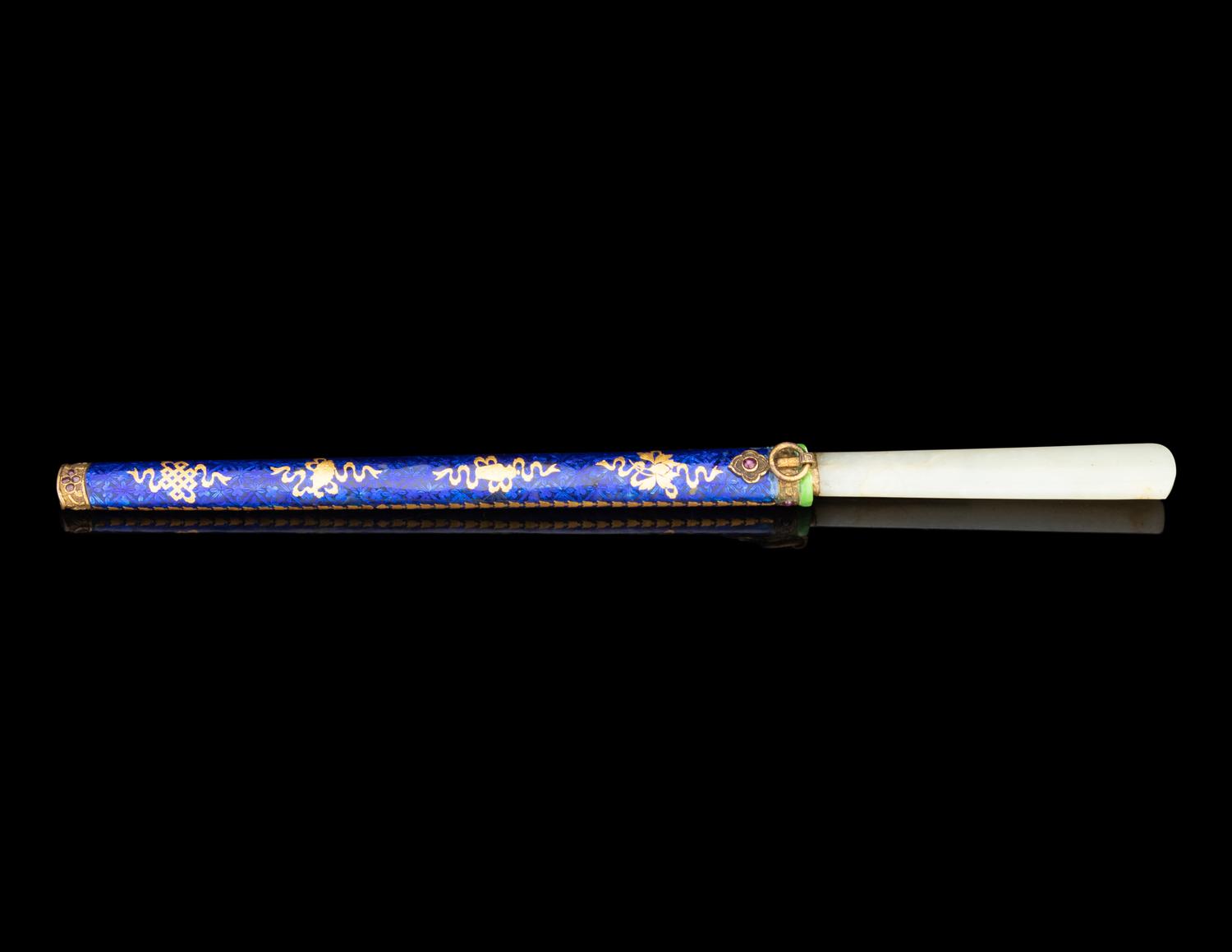 A Jade Handled Knife and Blue Enameled Metal Scabbard with Gilt Decoration