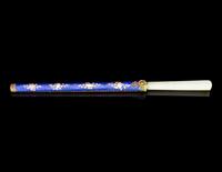 A Jade Handled Knife and Blue Enameled Metal Scabbard with Gilt Decoration