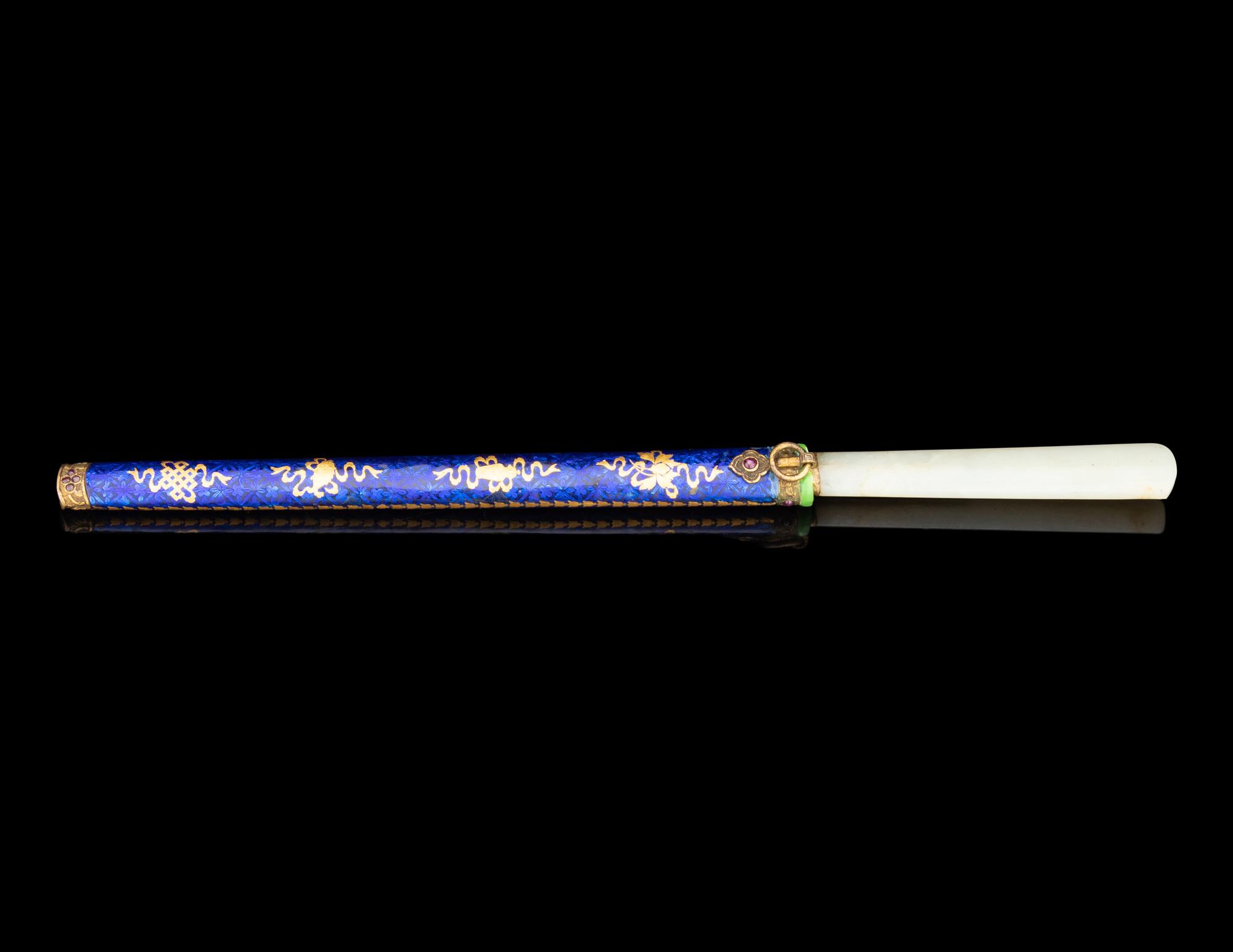 A Jade Handled Knife and Blue Enameled Metal Scabbard with Gilt Decoration