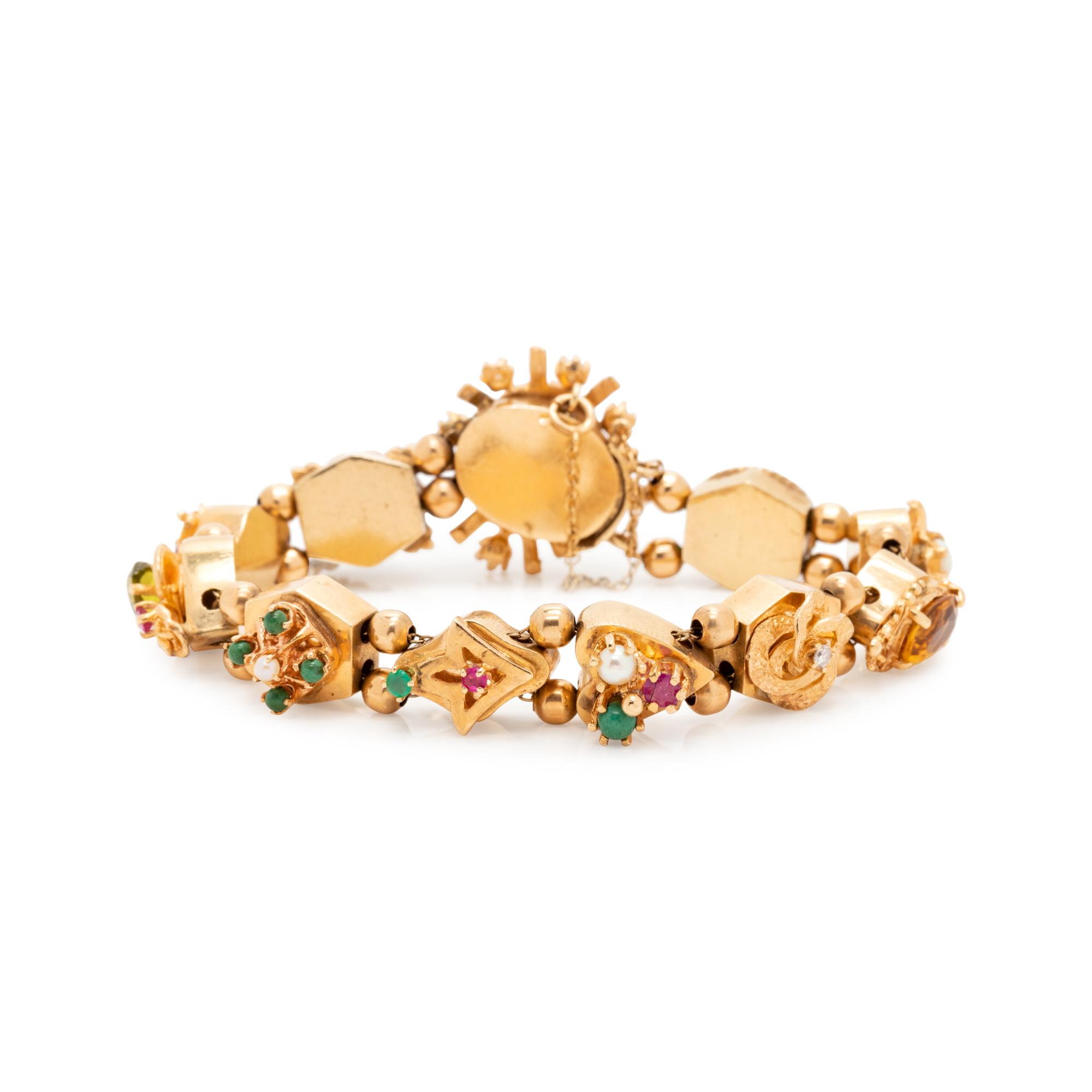 YELLOW GOLD AND GEMSTONE SLIDE CHARM BRACELET