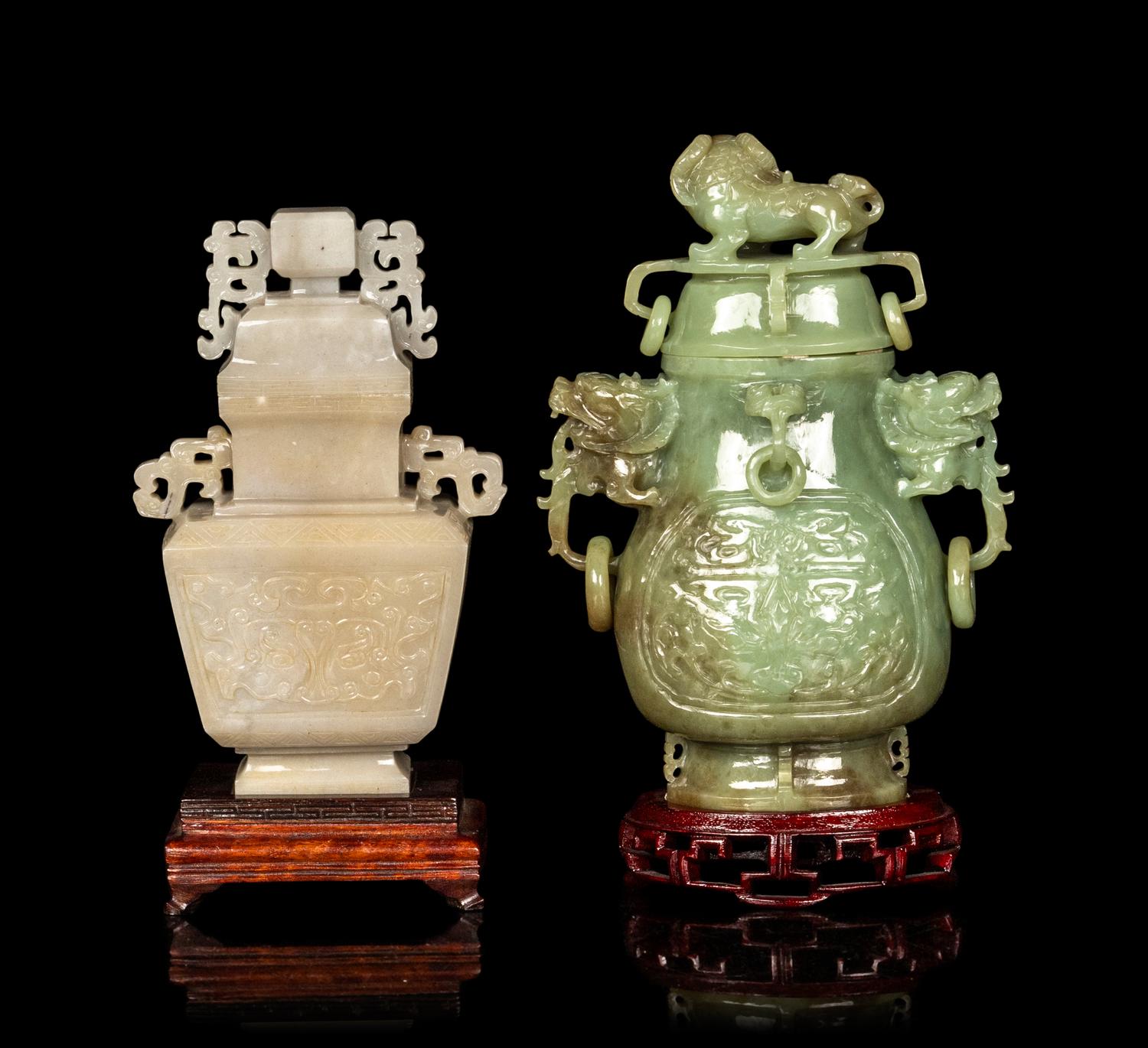 Two Chinese Nephrite Jade Vases and Covers