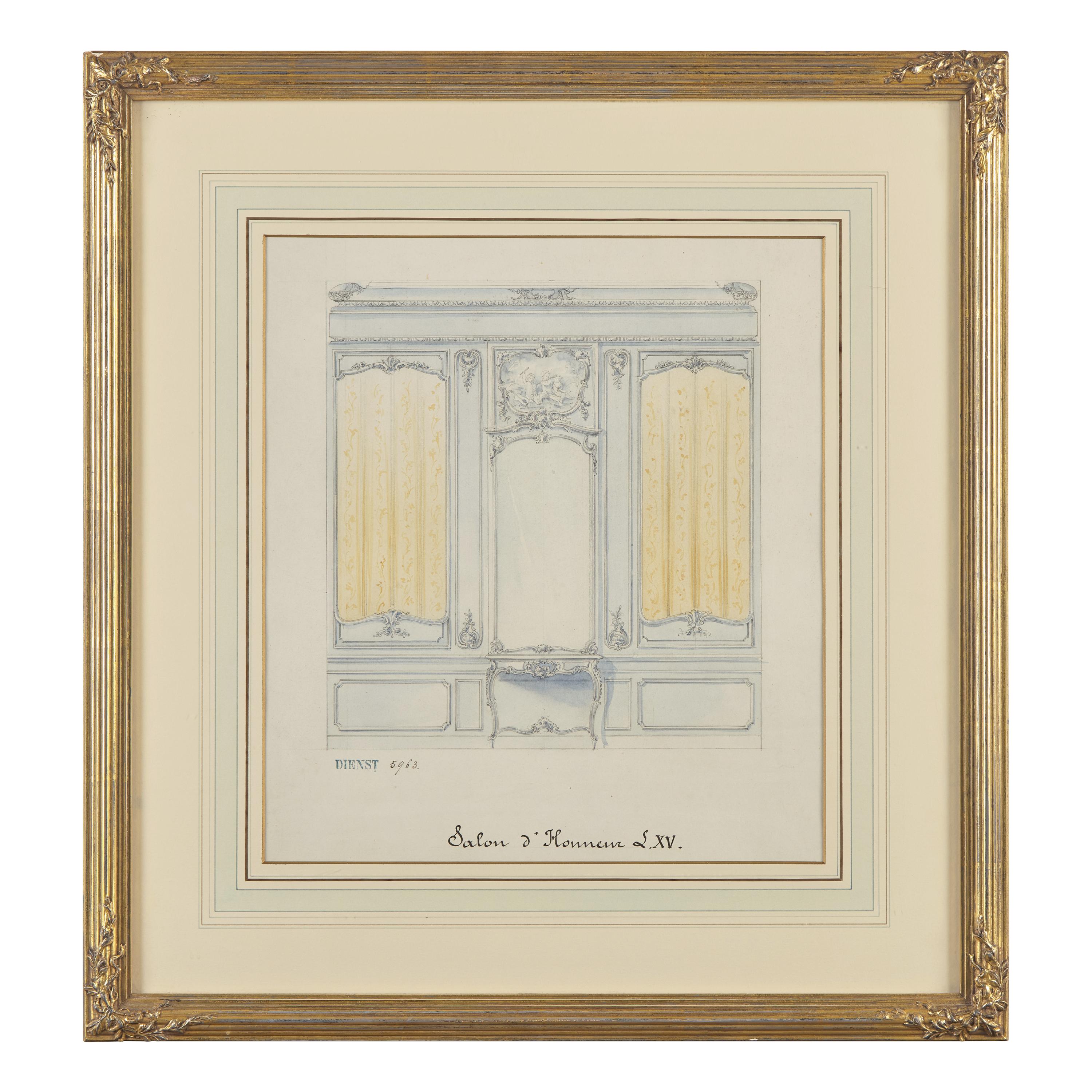 Attributed to Eugène Dienst (French, 19th Century), A Group of Six Hand-Drawn and Painted Studies of French Interiors