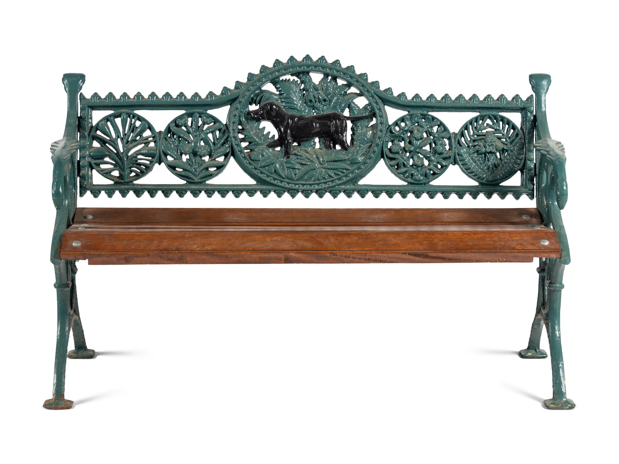 A Victorian Style 'Fern and Dog' Cast Iron Bench
