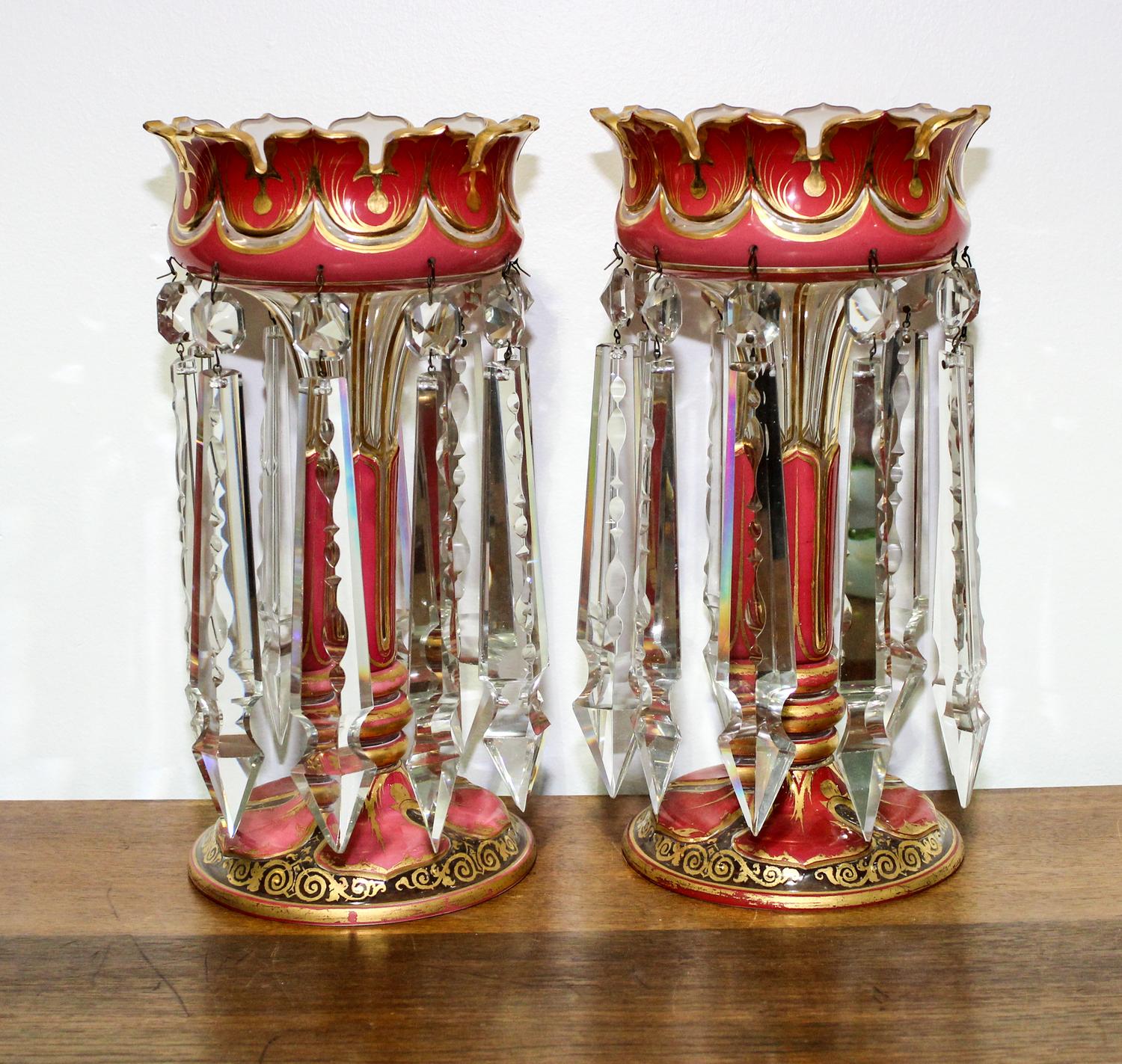 A Pair of Bohemian Glass Mantle Lustres. Height of 12 inches.