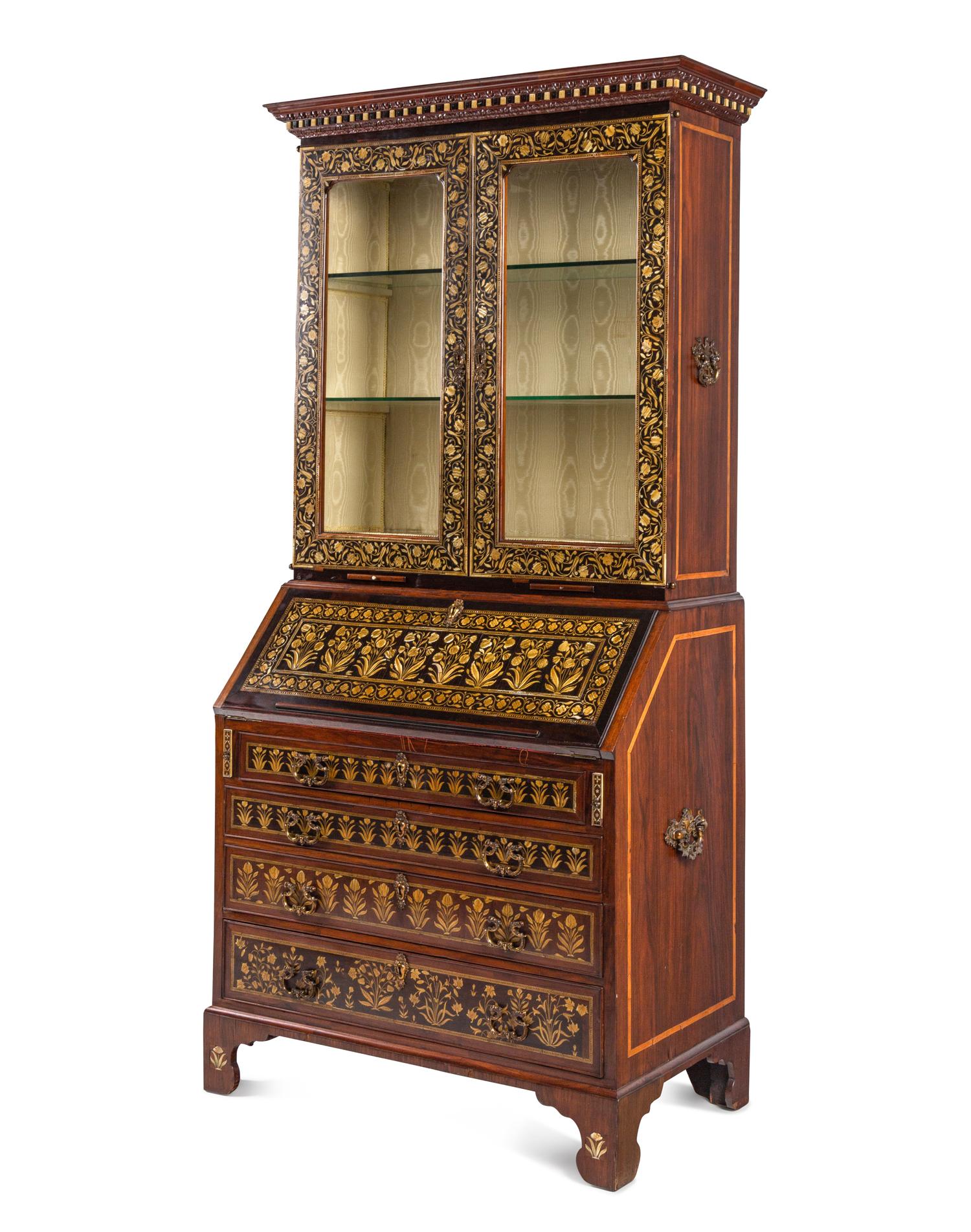 An Anglo-Indian Ivory-Inlaid Indian Rosewood Secretary Bookcase