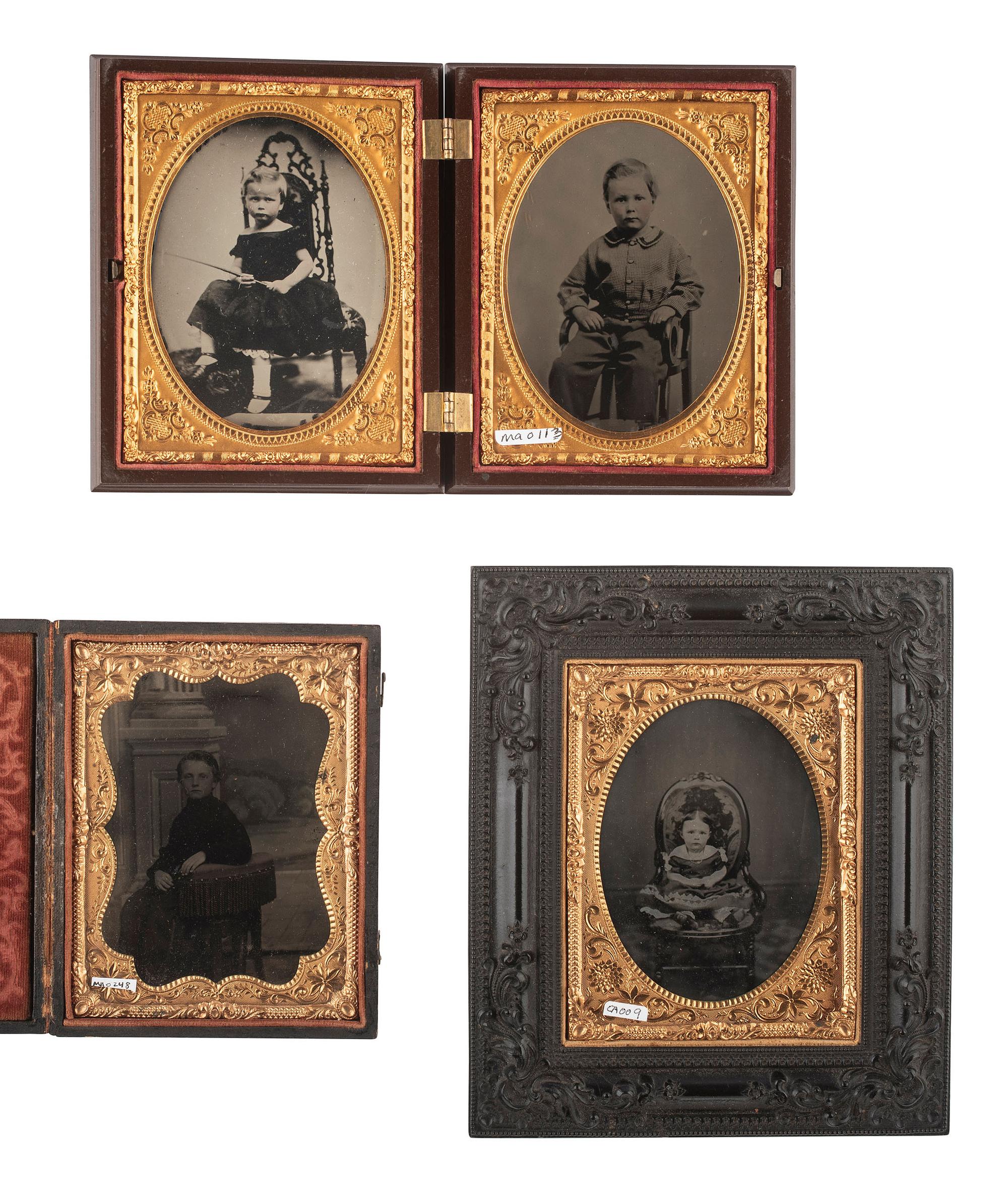 [EARLY PHOTOGRAPHY]. 18 ambrotypes and tintypes of children, many featuring fine hand tinting.