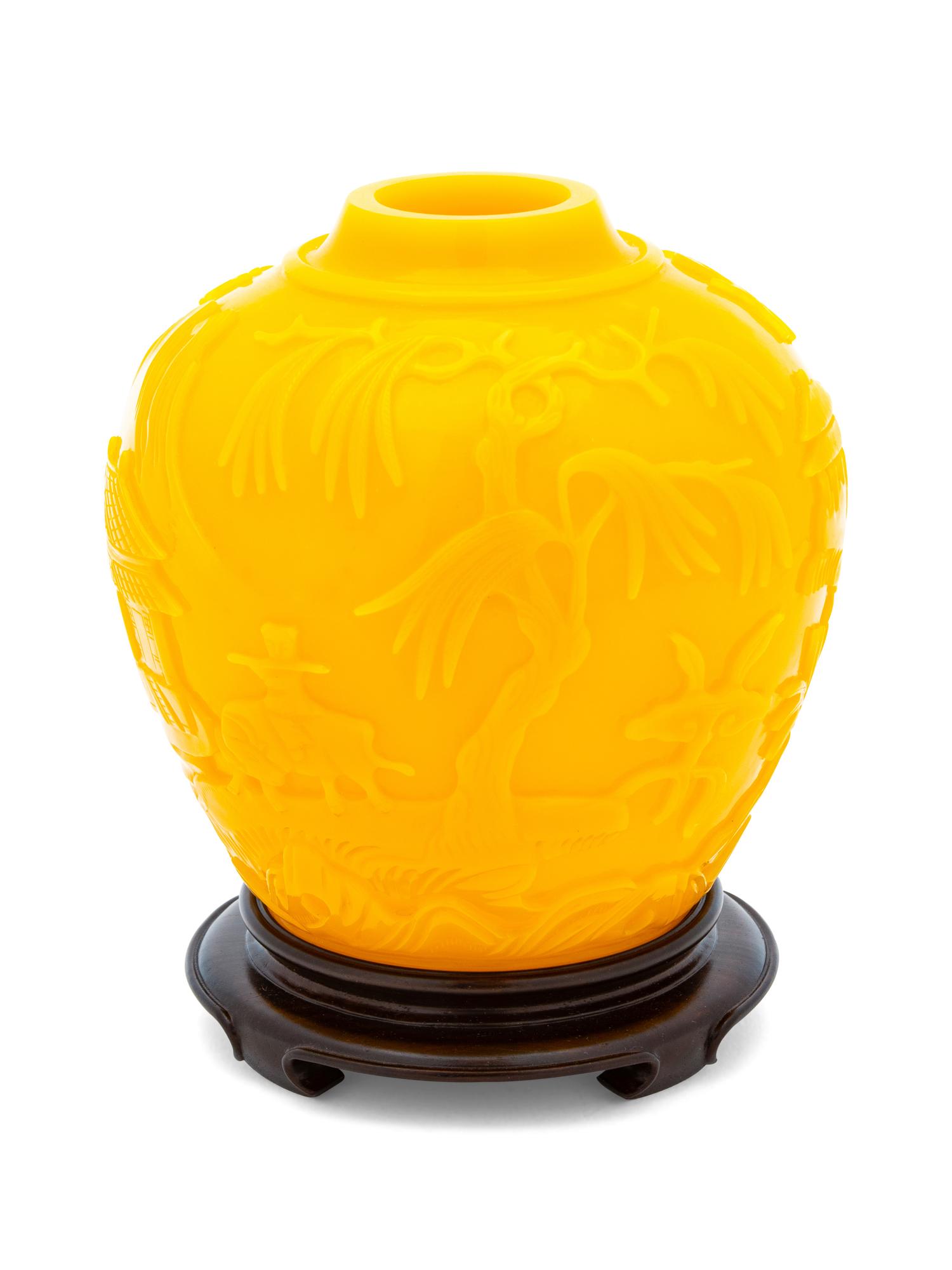 A Chinese Carved Yellow Overlay Glass Jar