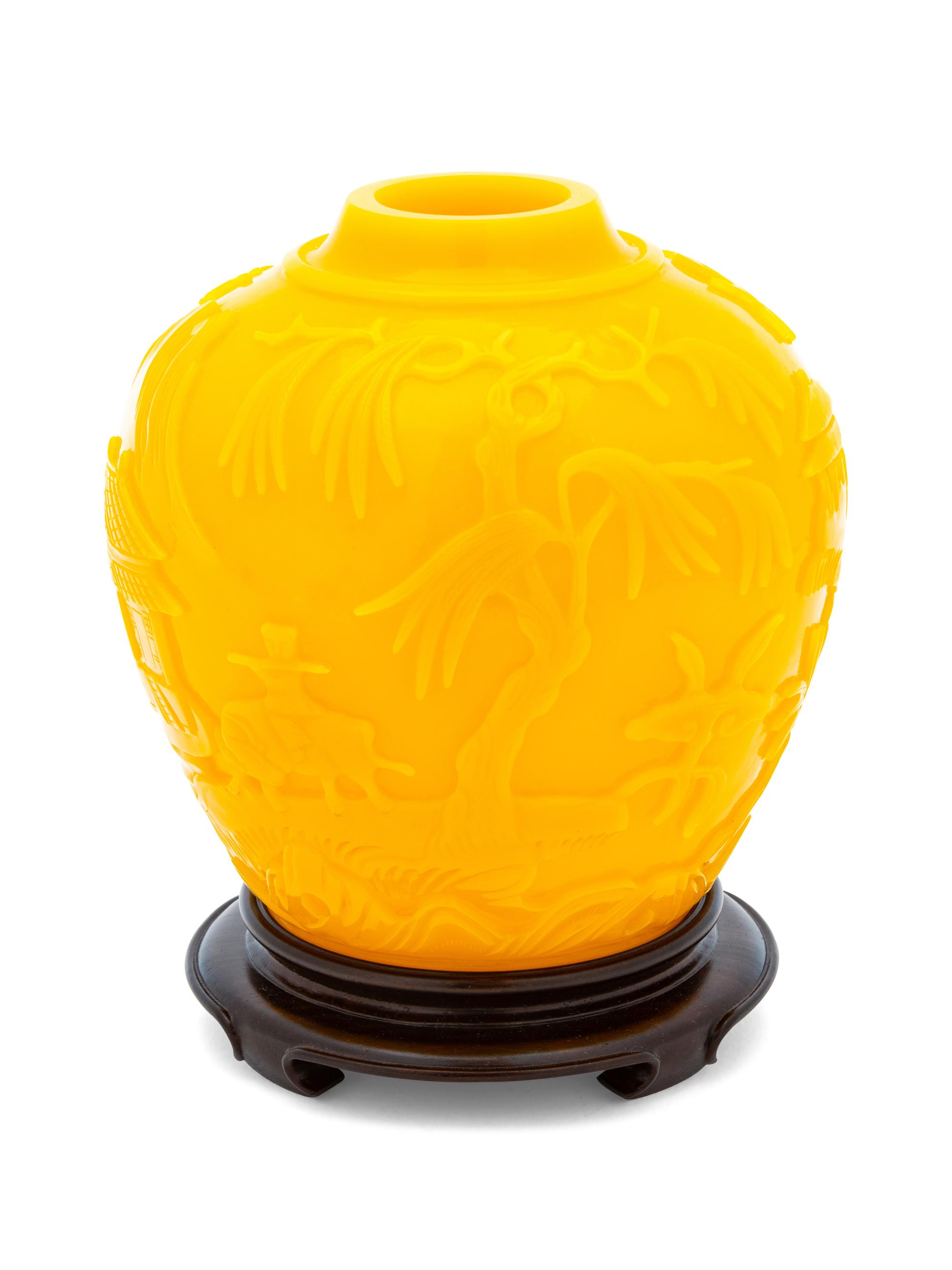 A Chinese Carved Yellow Overlay Glass Jar